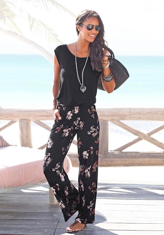 LASCANA - Jumpsuit 'LS Overall black-flower' en negro: frente