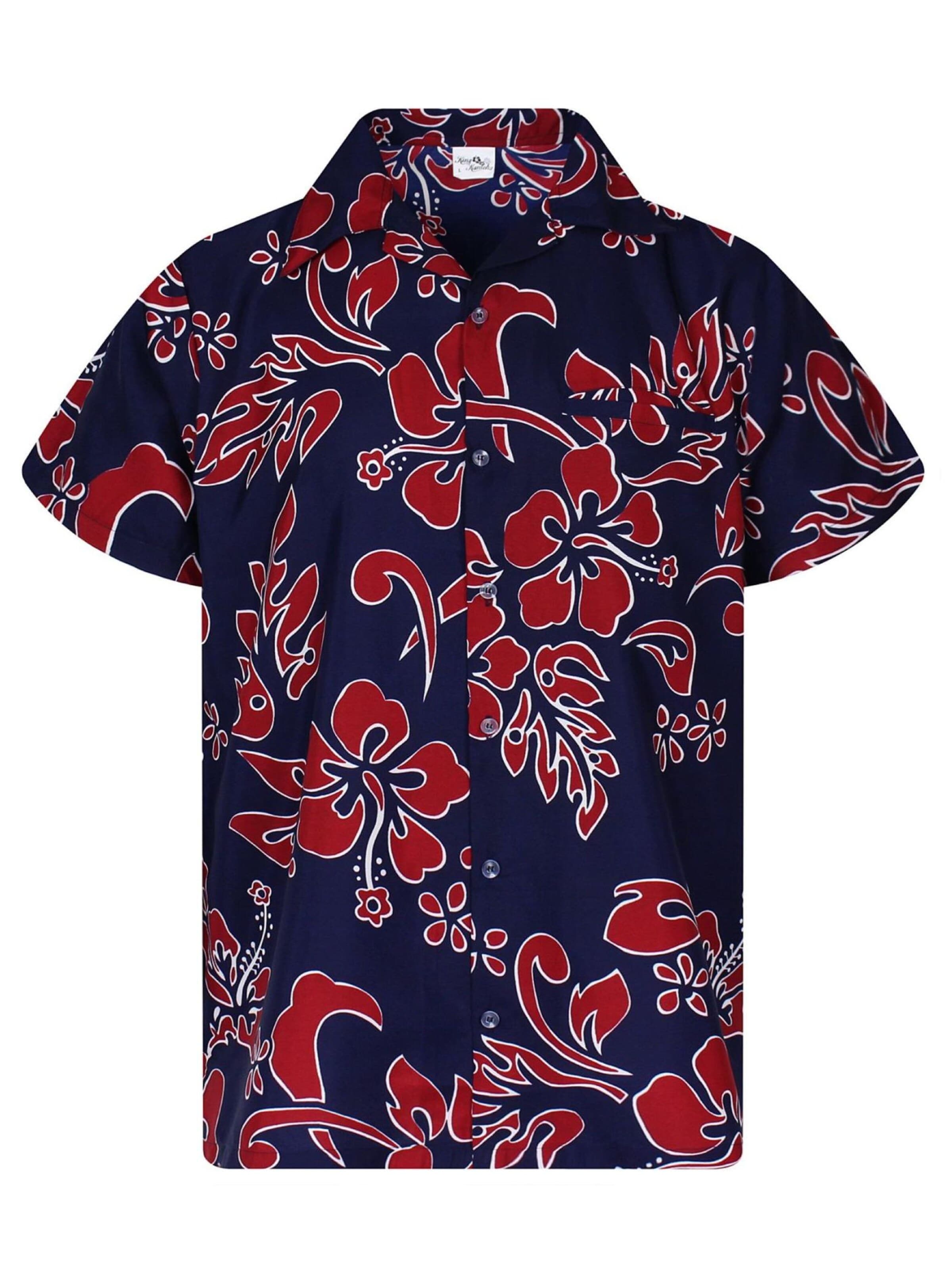 King Kameha Shirt 'Hibiscus Blue Line' in Rood: voorkant