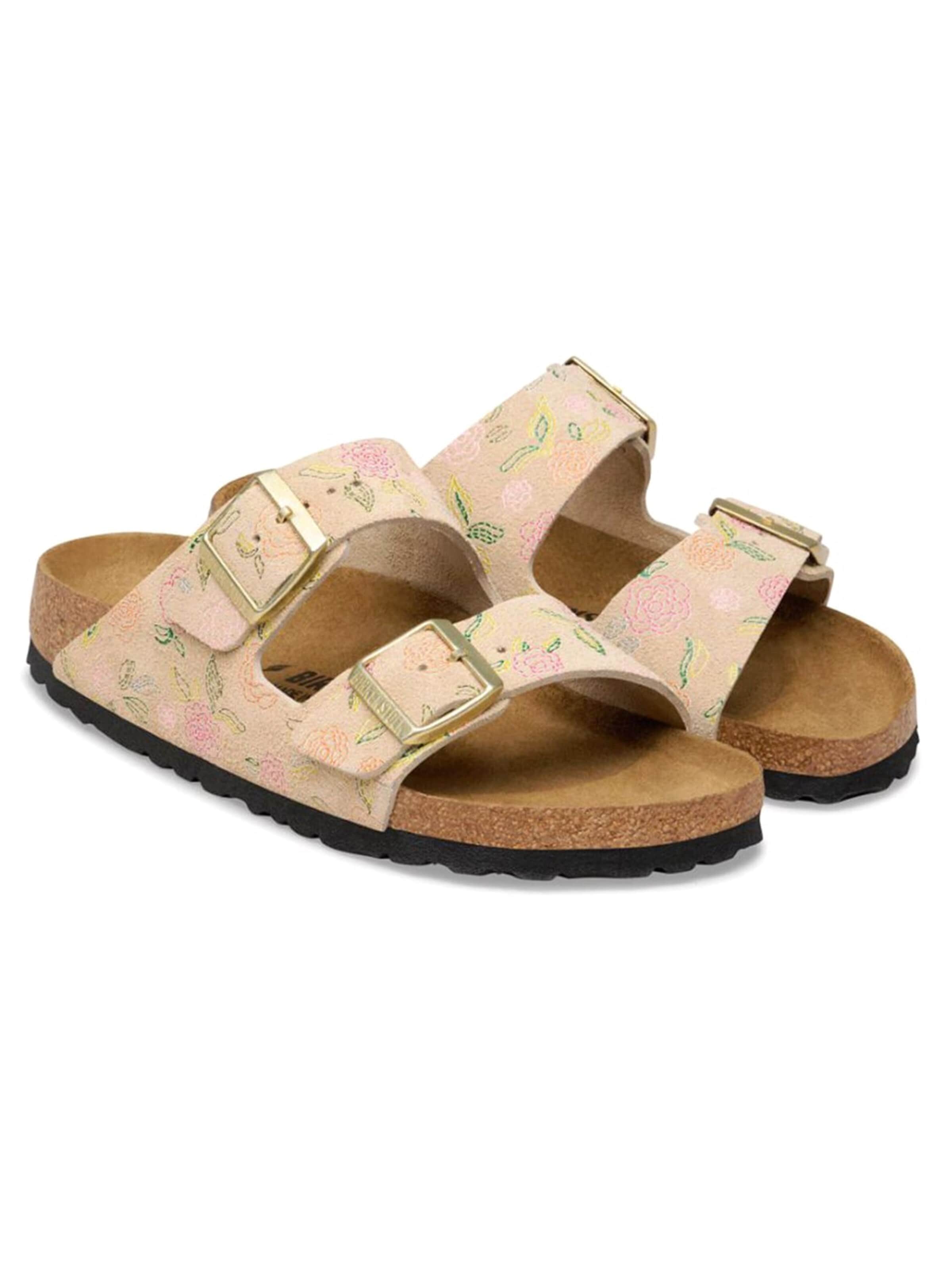BIRKENSTOCK Klapki 'ARIZONA SUEDE LEATHER NARROW FIT SANDCASTLE FLOWER' w kolorze brązowy