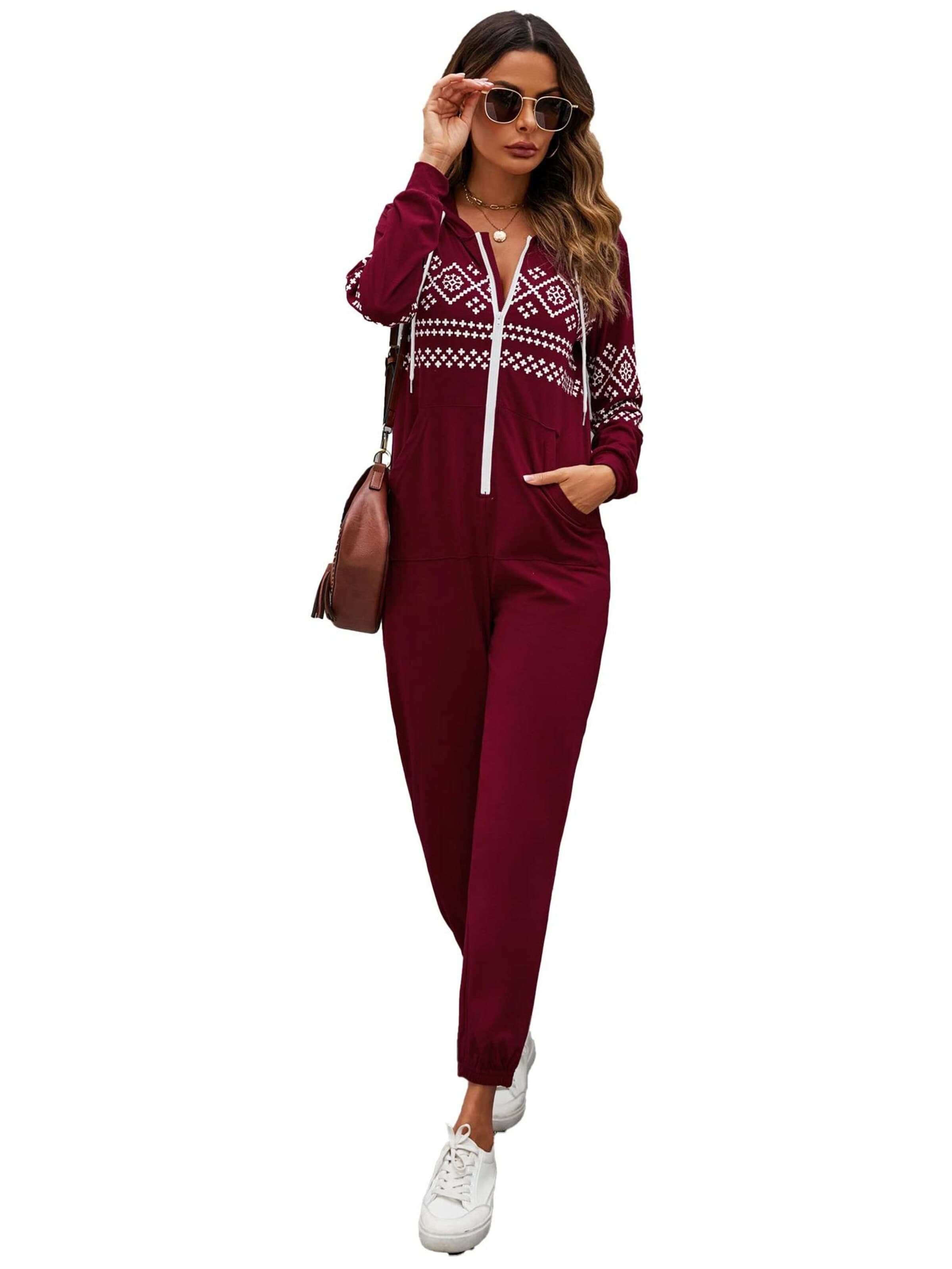 KoJooin Kombinezon 'Damen Overall mit Print, Kapuze, Kordelzug, langen Ärmeln und Taschen Bequemer Freizeit Jumpsuit' w kolorze czerwony