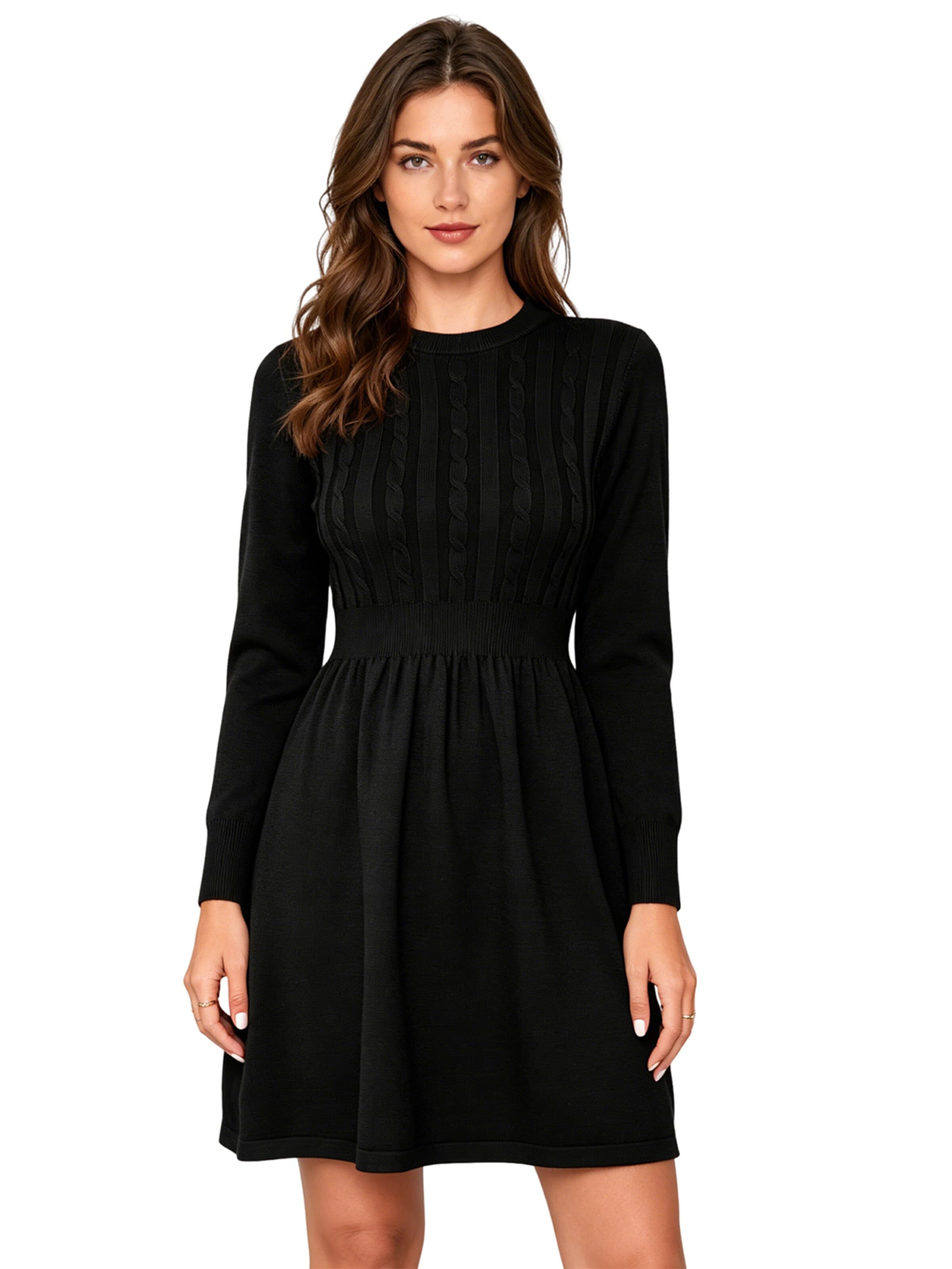 KoJooin Sukienka z dzianiny 'Strickkleid Damen Winter Langarm Rundhals Midikleid für Alltag Fest' w kolorze czarny: przód