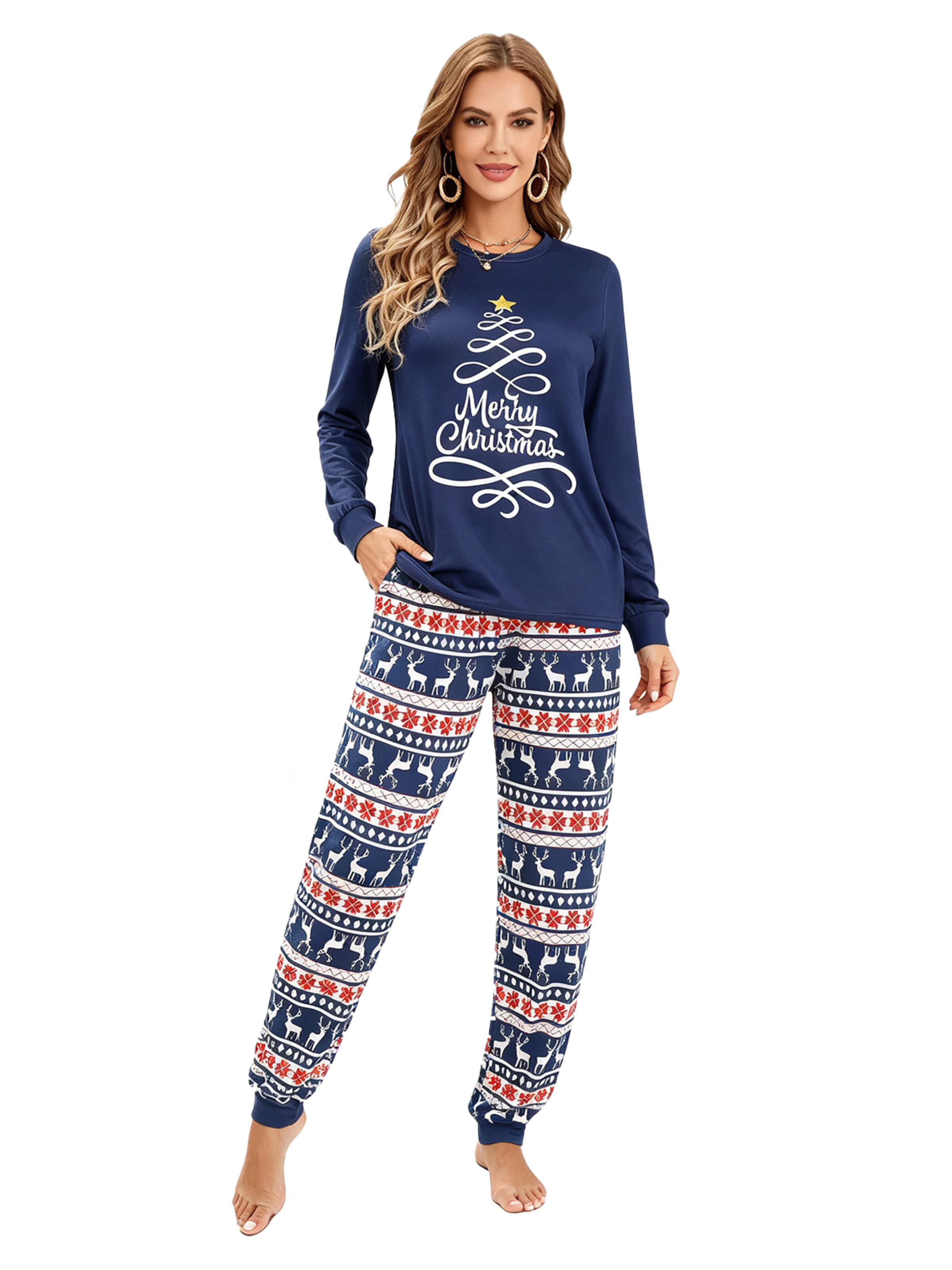 KoJooin Piżama 'Damen Weihnachts-Pyjama-Set Langarm Schlafanzug aus weichem Material mit Jogginghose Komfortable' w kolorze niebieski