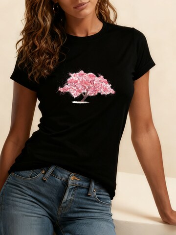 GORHEY - Camiseta 'Women's Summer Casual Cotton T-Shirt with Cherry Blossoms Print' en negro: frente