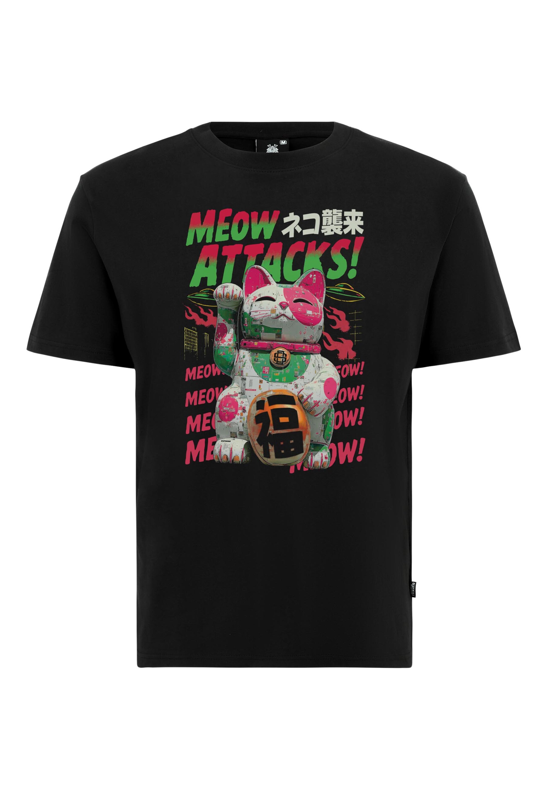 Oldskull Shirt 'Asian Lucky Cat Attack Graphic' in Zwart: voorkant