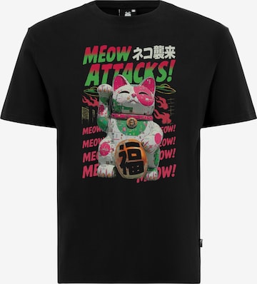 Oldskull Shirt 'Asian Lucky Cat Attack Graphic' in Zwart: voorkant