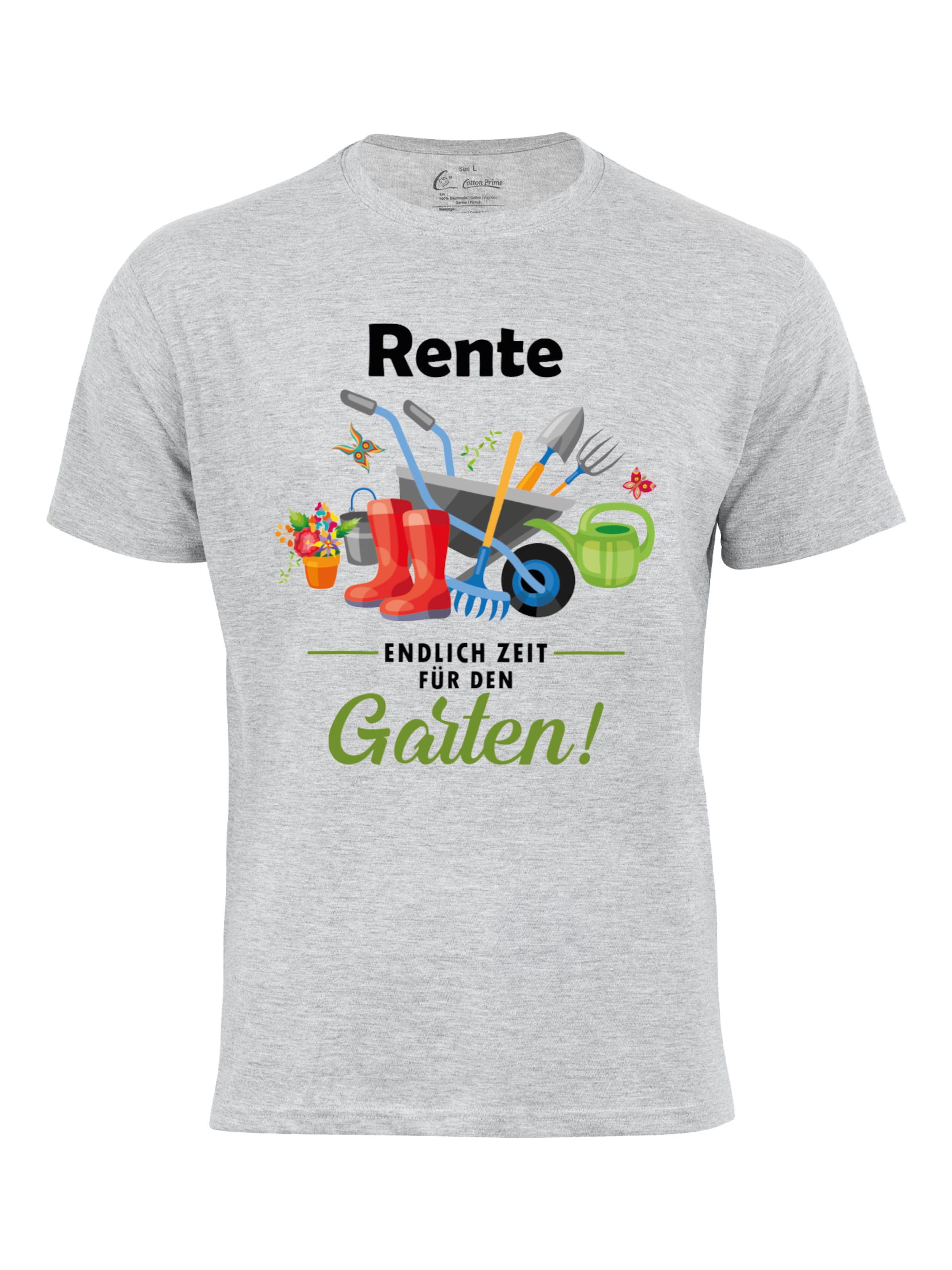 Cotton Prime Shirt 'Rente - Endlich Zeit für den Garten' in Grijs: voorkant