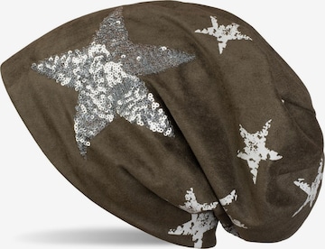 styleBREAKER Mütze 'Beanie in Veloursleder Optik mit Pailletten Stern' in Grün: Vorderseite
