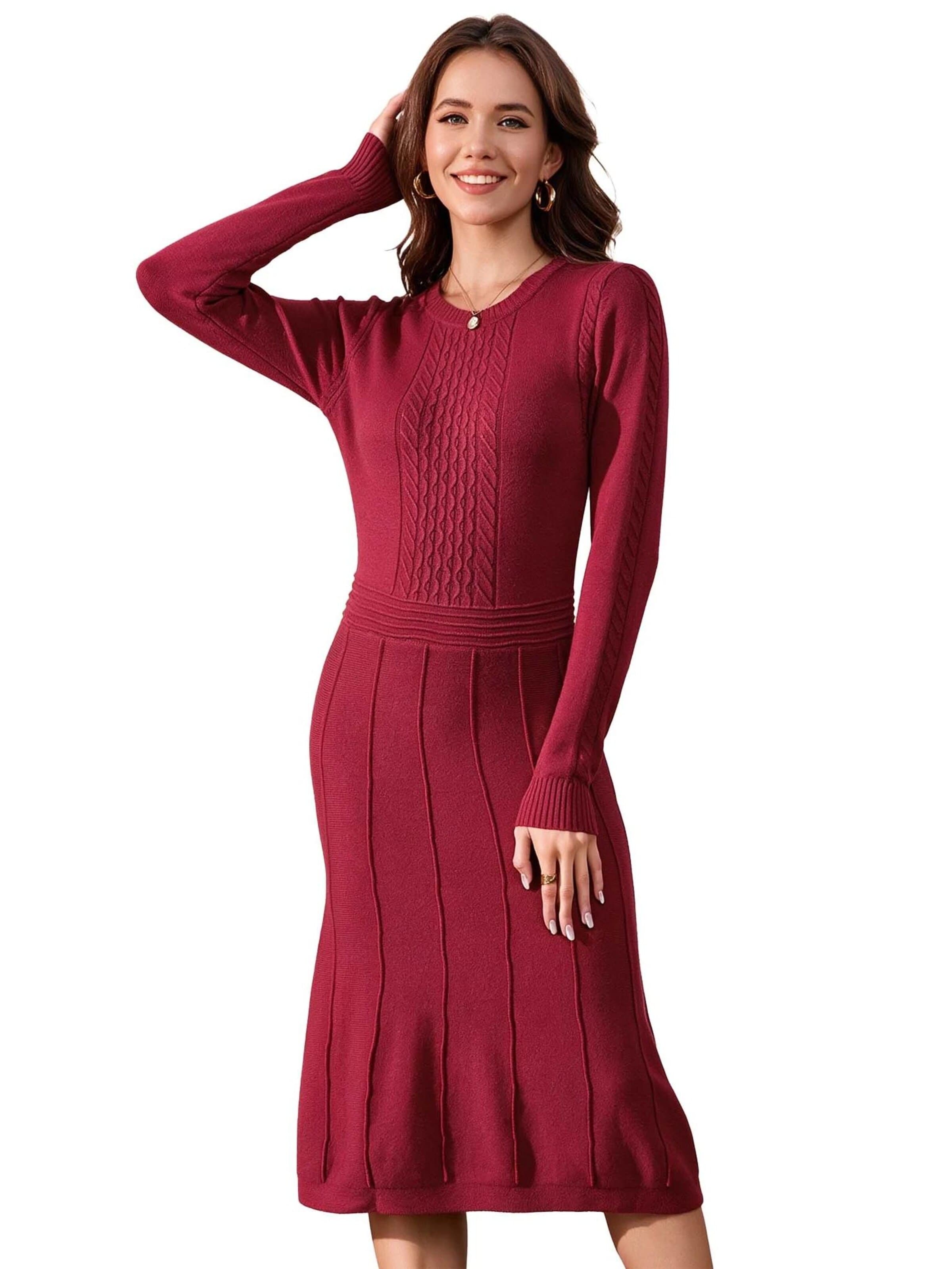 KoJooin Sukienka z dzianiny 'Damen-Rippstrickkleid in Midi-Länge mit Rundhalsausschnitt und langen Ärmeln' w kolorze czerwony: przód