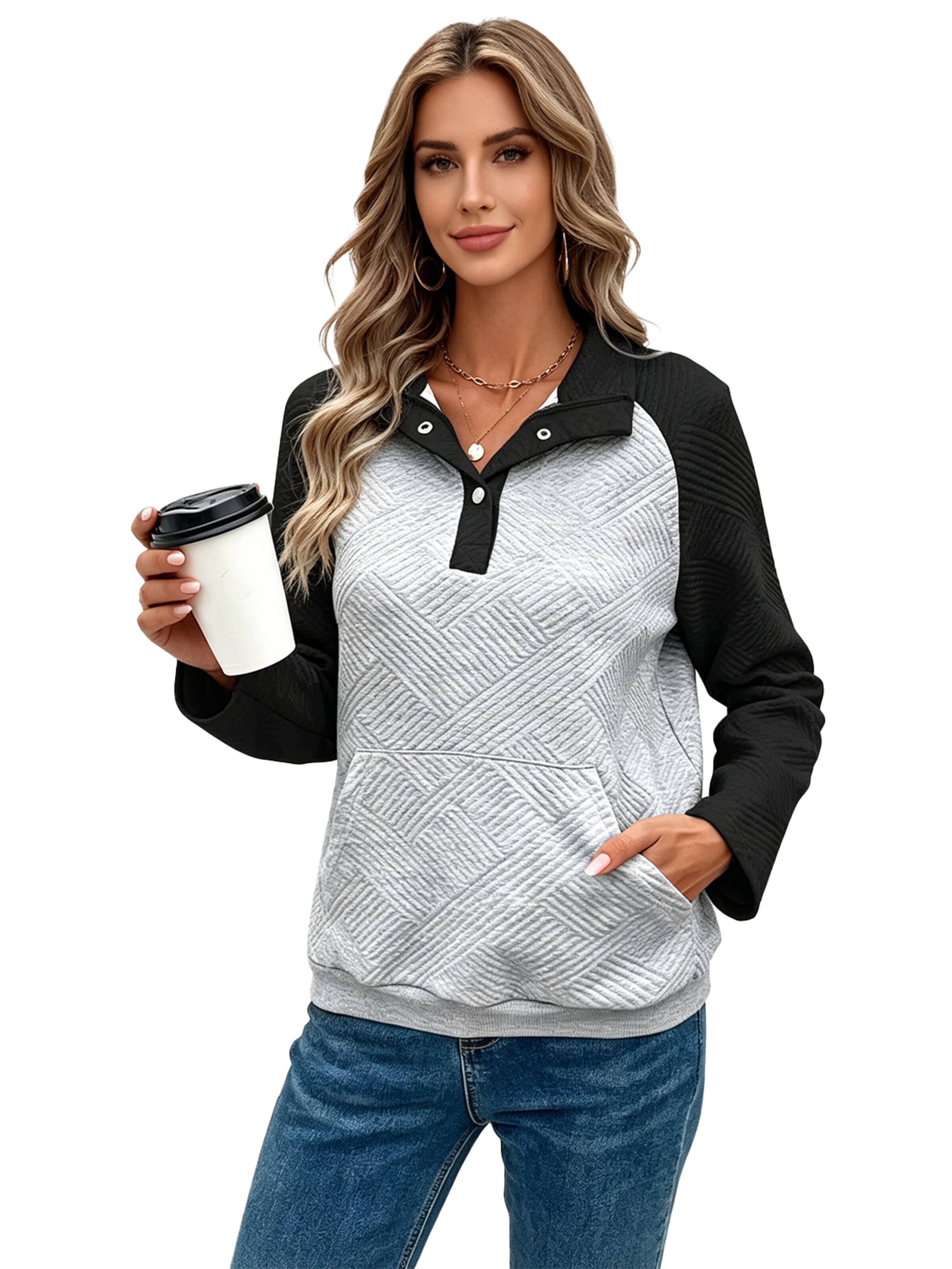 KoJooin Bluzka 'Damen Langarm Pullover mit Polo-Kragen im Colorblock-Design – Lässiger und schlichter Freizeitstyle' w kolorze czarny