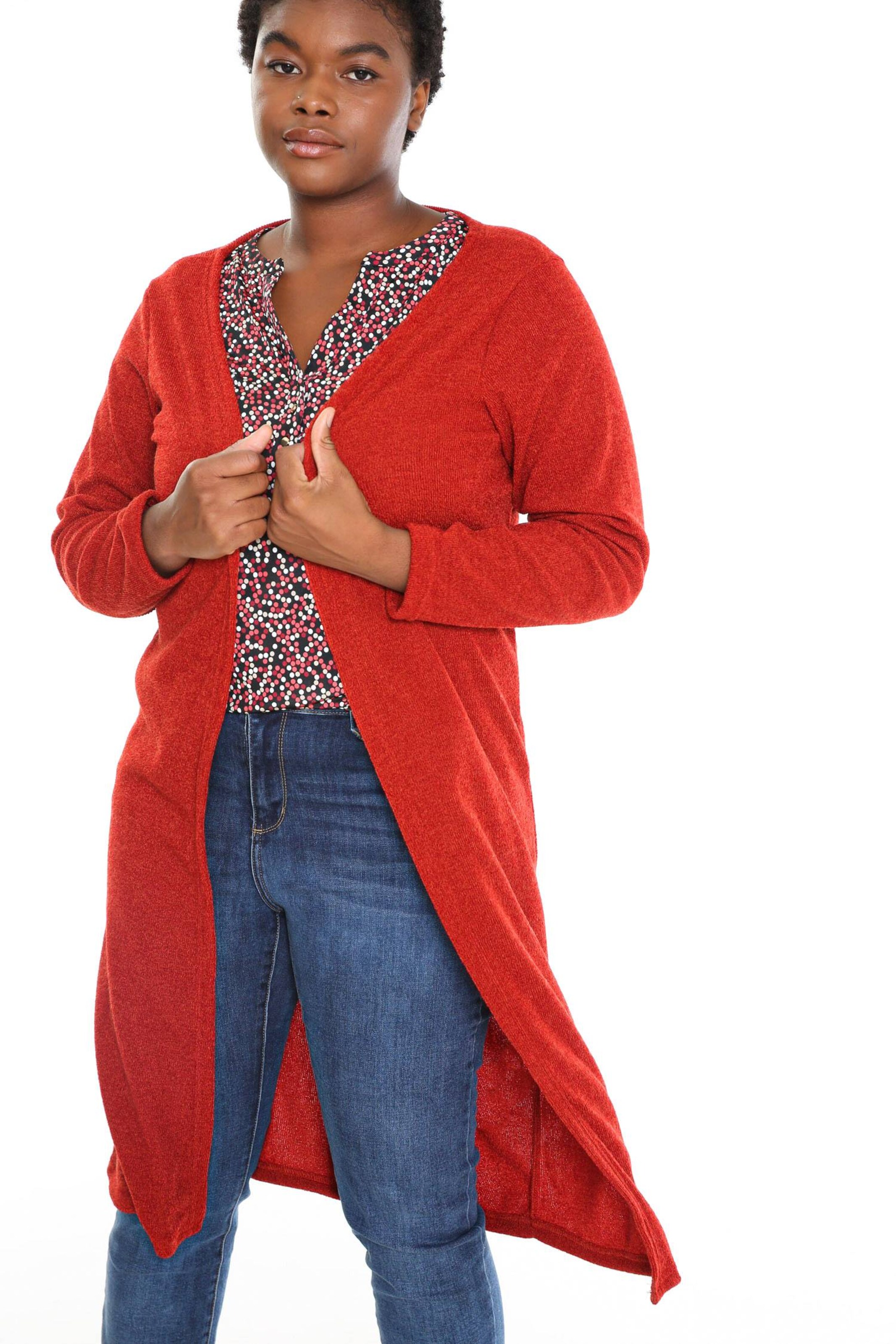 plus size red duster cardigan