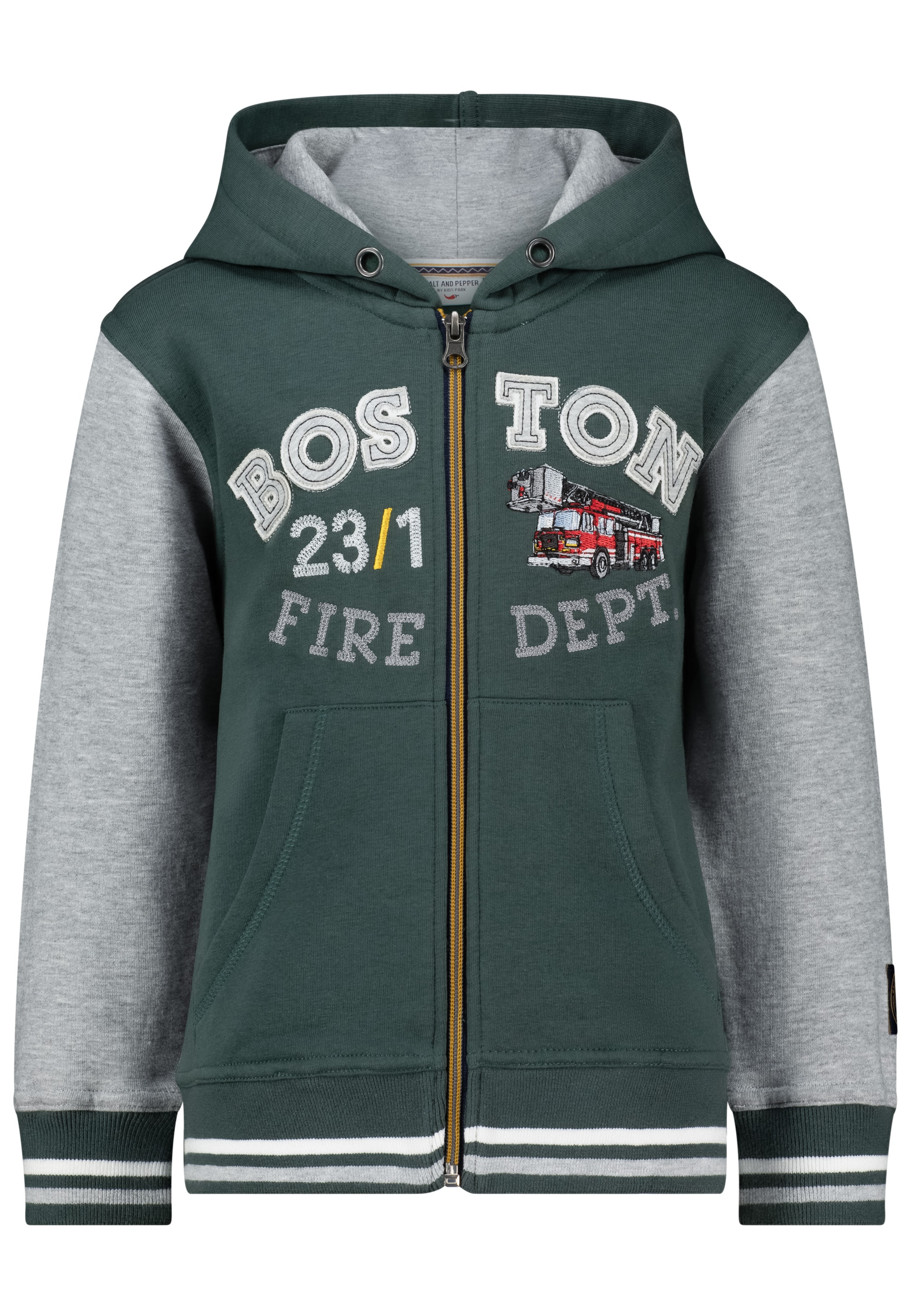 SALT AND PEPPER Sweatjacke 'Boston Fire Dept' in Grün: Vorderseite