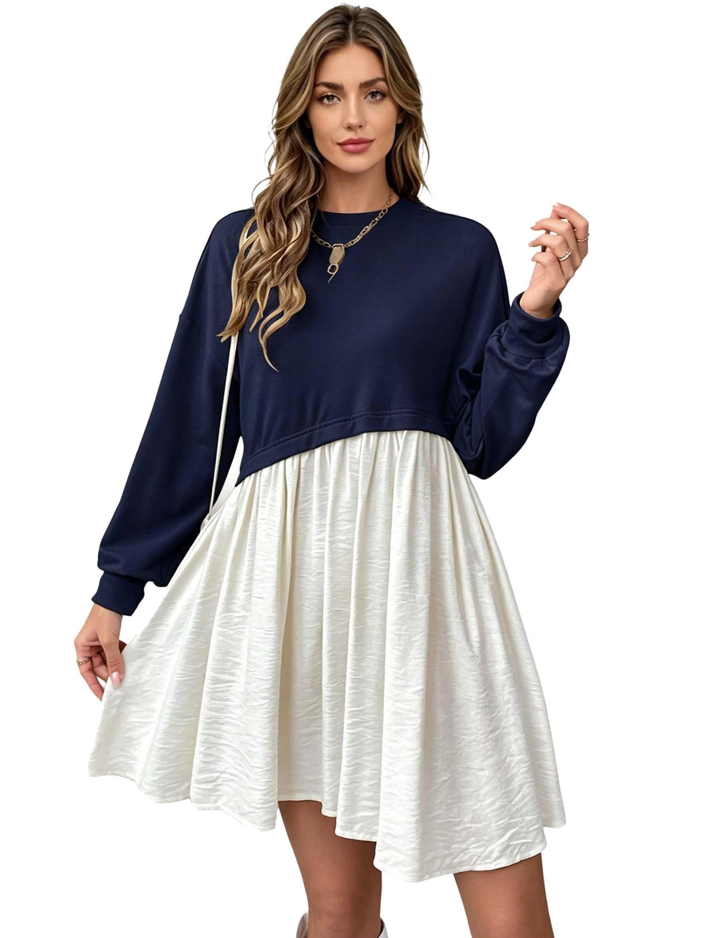 KoJooin Dress 'Sweatshirtkleid für Damen, Rundhalsausschnitt, lange Ärmel, Patchwork-Pullover,Sweatshirt-Minikleid' in Blue: front