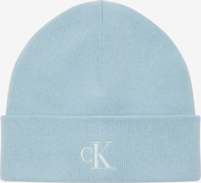 Megzta kepurė iš Calvin Klein, spalva – pastelinė mėlyna / balta, Prekių apžvalga