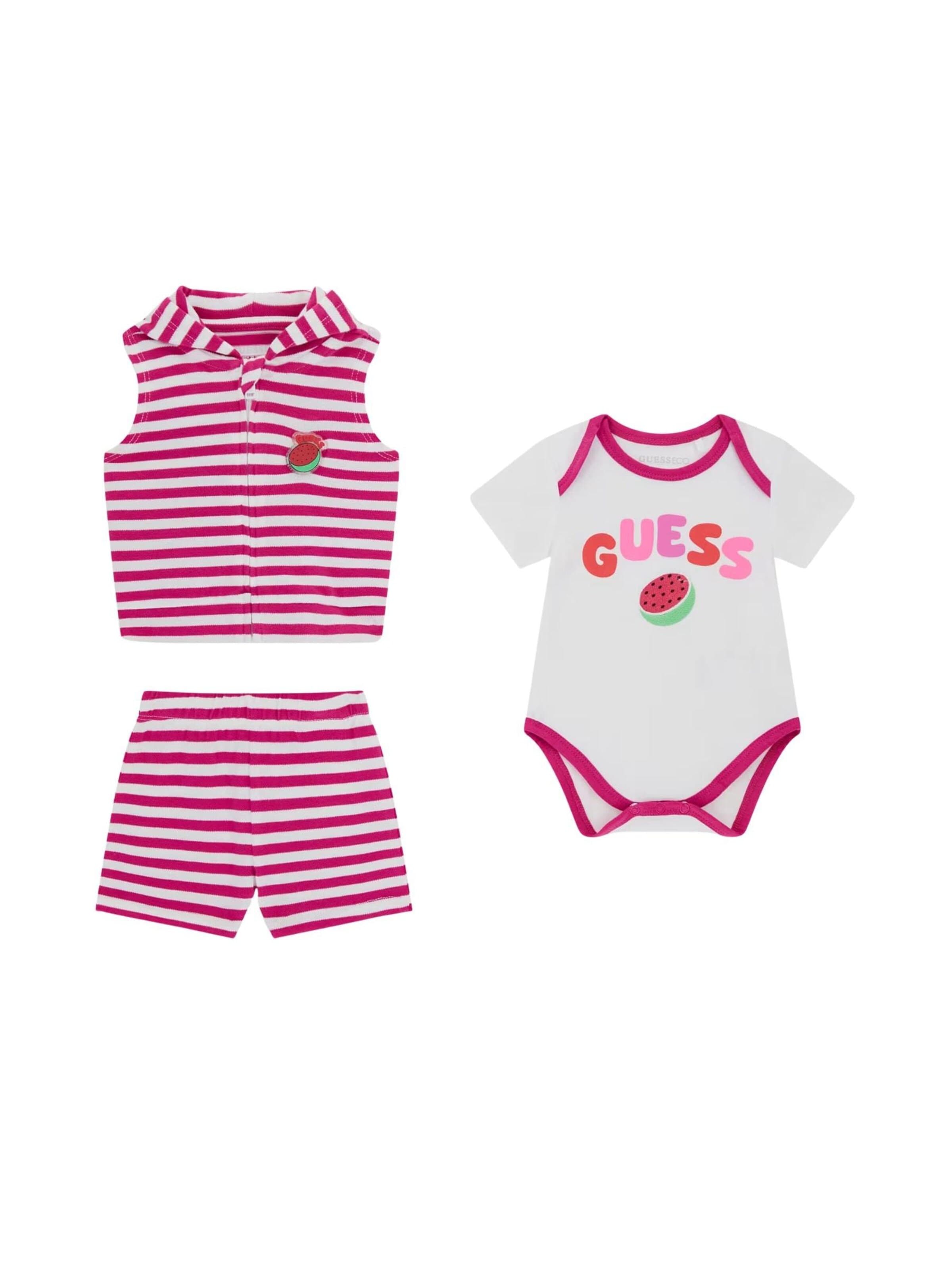 GUESS KIDS - Conjunto 'GUESS KIDS SET HOODED VEST + SS BODY + SHORTS Completi' en rosa: frente