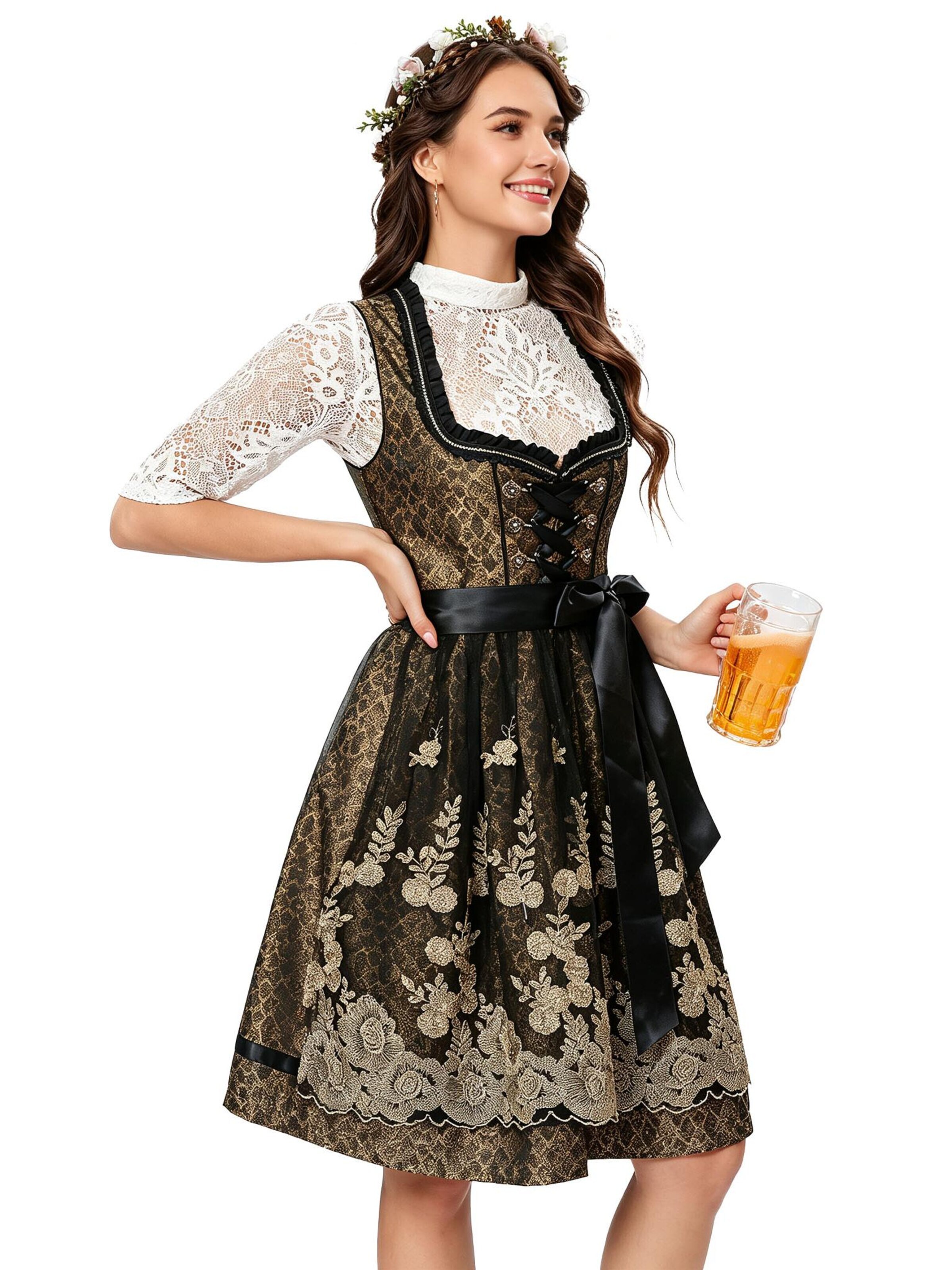 KoJooin Dirndl 'Damen Dreiteiliges Oktoberfest Set Kleid,Spitzenbluse mit Blumenmotiv goldbestickte Tüllschürze'‌ in Schwarz