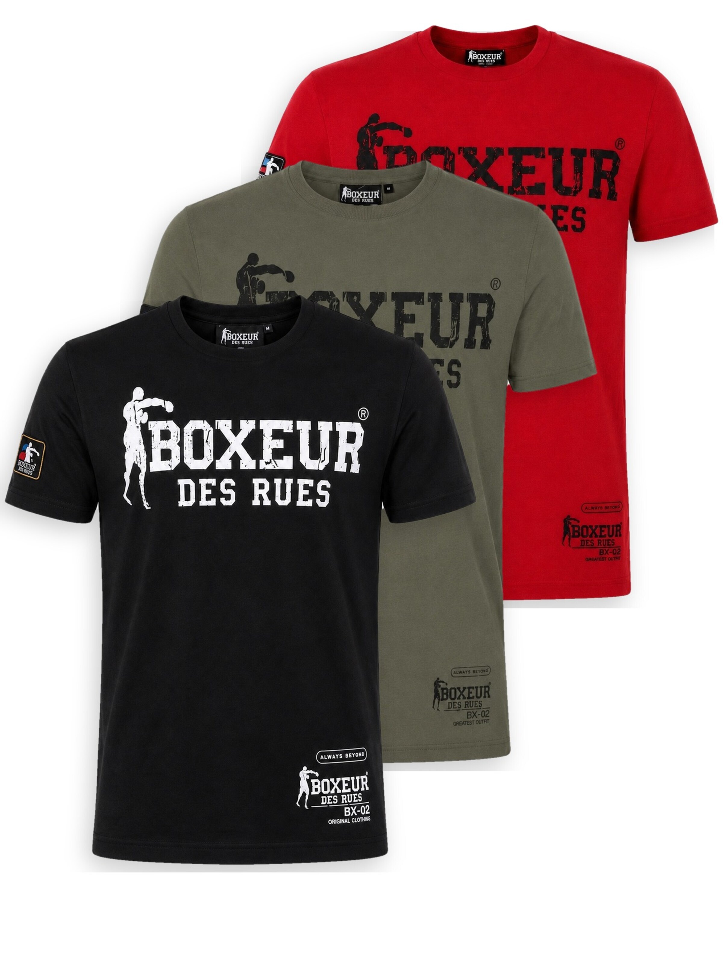Boxeur des Rues - Camiseta 'Herren T-Shirt 3er-Pack Boxeur des Rues Slim Fit: Schwarz, Weißes Logo + Oliv, Schwarzes Logo + Rot, Schwarzes Logo' en Mezcla de colores: frente