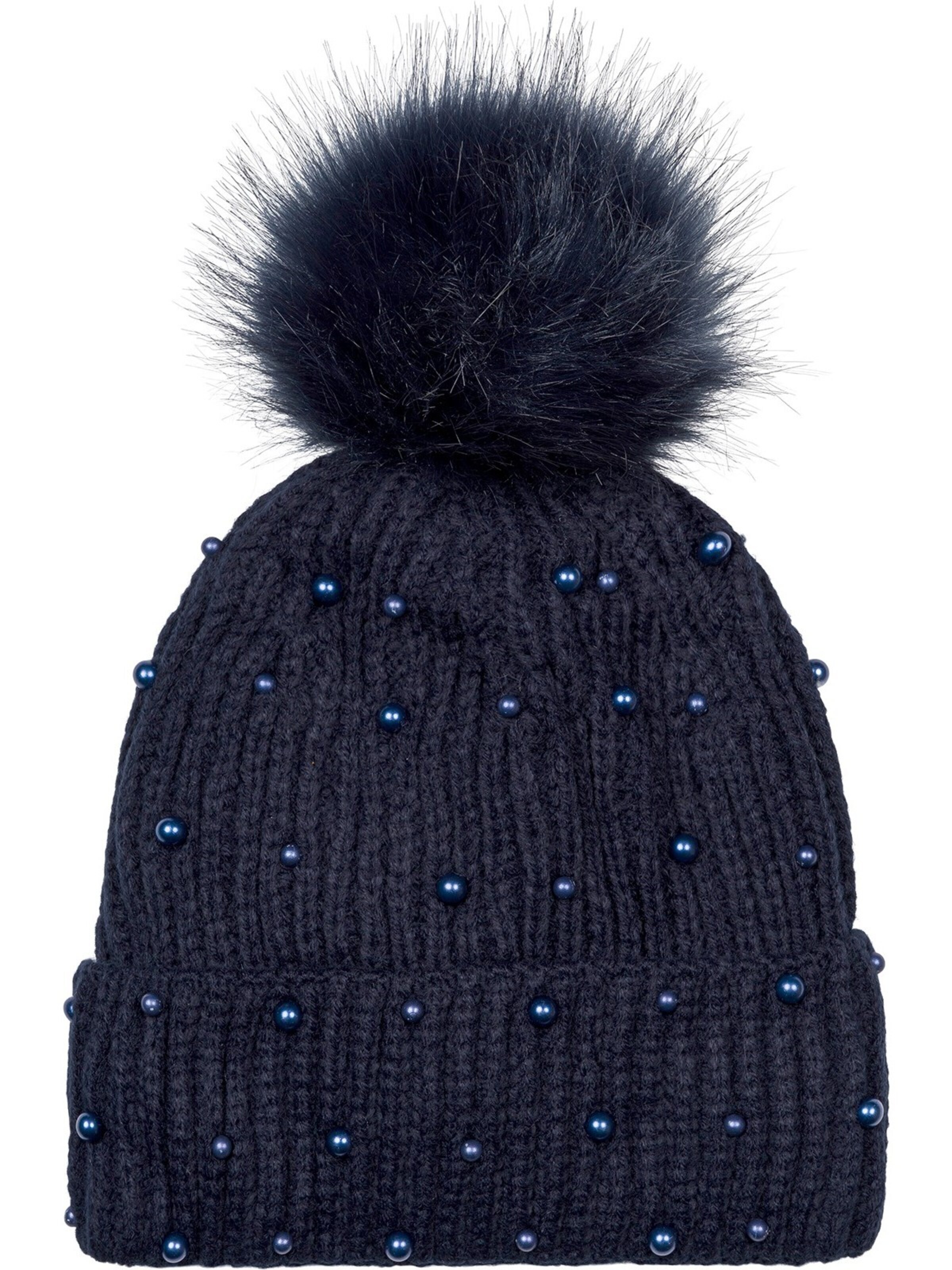 styleBREAKER Mütze 'Strick Bommelmütze mit Perlen und Fleece Futter'‌‌‌ in Blau: Vorderseite