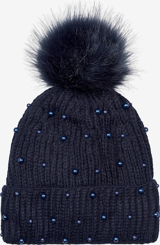styleBREAKER Mütze 'Strick Bommelmütze mit Perlen und Fleece Futter' in Blau: Vorderseite