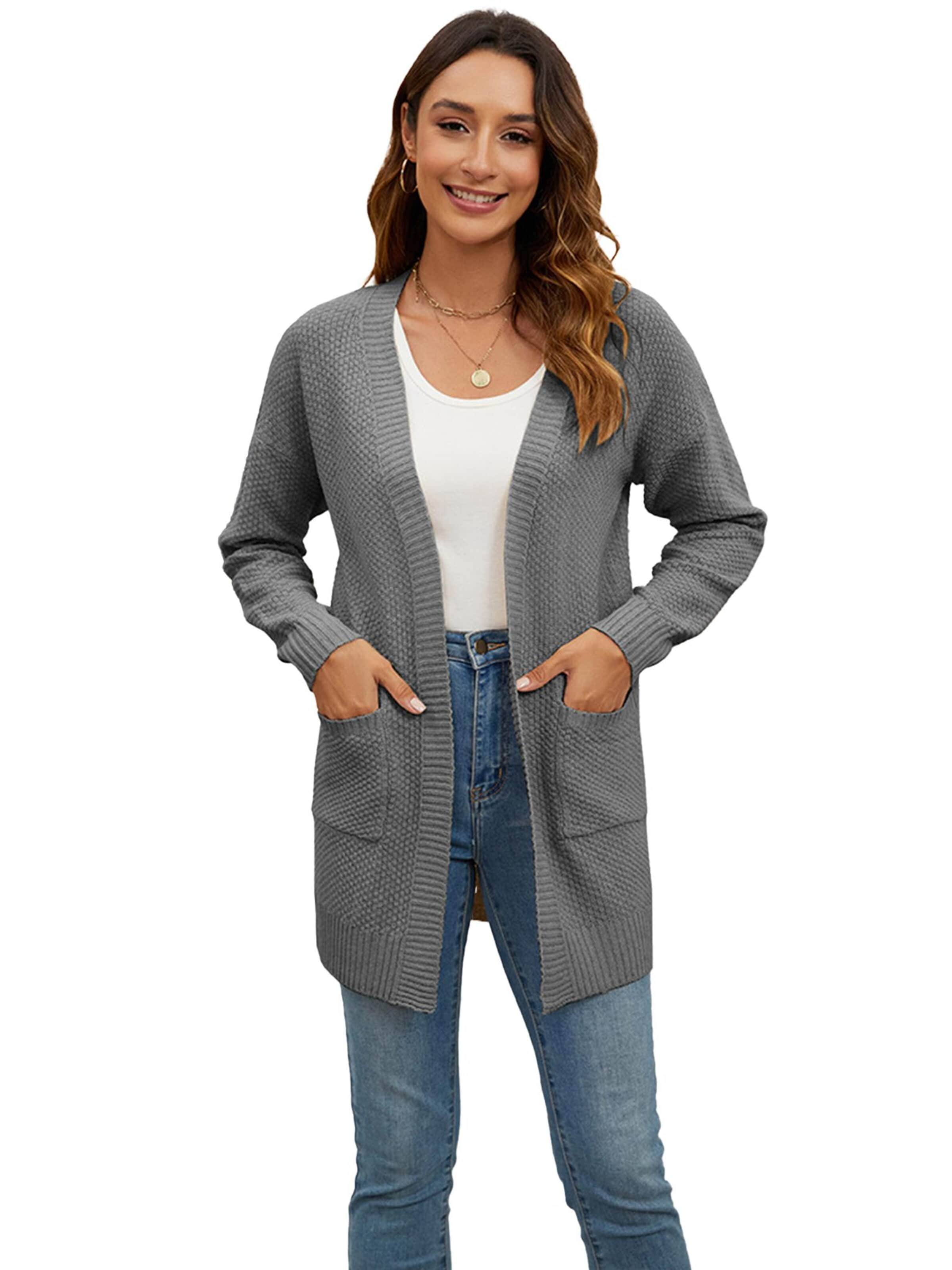 KoJooin Kardigan 'Damenmode Cardigan Pullover Leicht Offen Vorderseite Lang Lässig Strand Kimono Outfits mit Taschen' w kolorze szary: przód