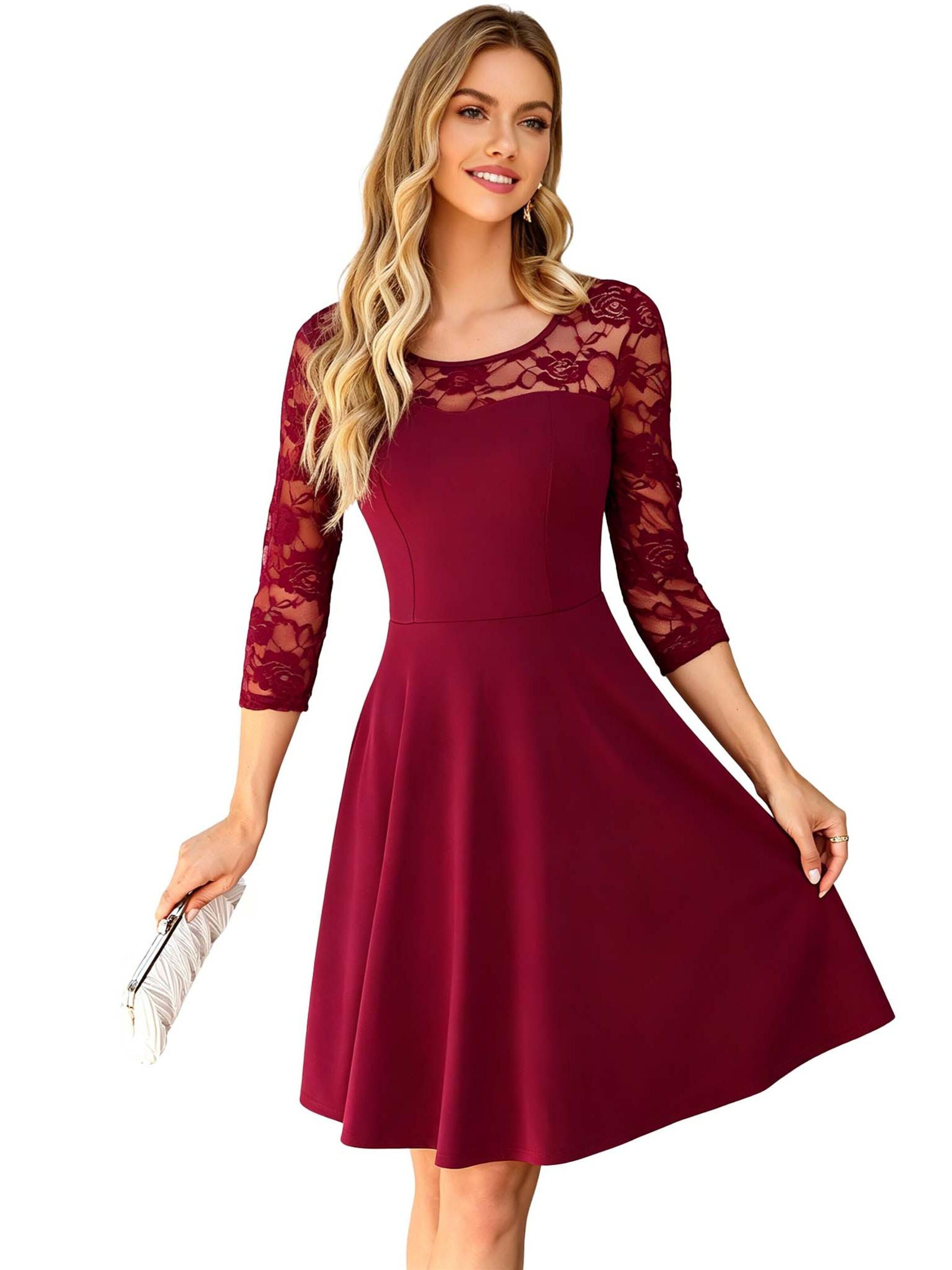 KoJooin Abendkleid 'Vintage-Brautjungfernkleid mit floraler Spitze, 2/3-Ärmeln und passendem Design'‌‌‌ in Rot