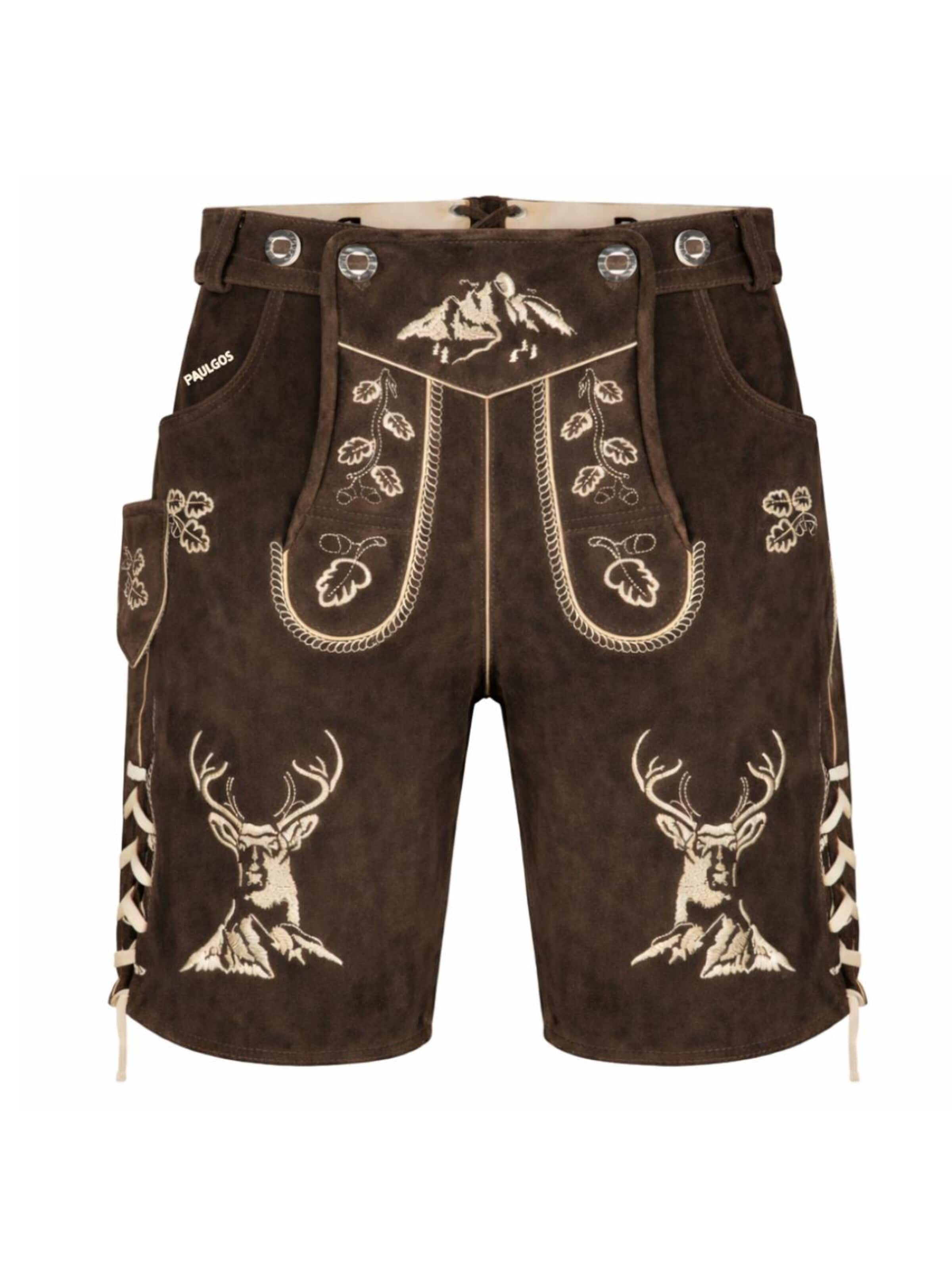 Paulgos Regular Traditional Pants 'PAULGOS Herren Trachten Lederhose Kurz - HK4 - Echtes Leder - in 3 Farben erhältlich - Größe 44 - 60' in Brown: front