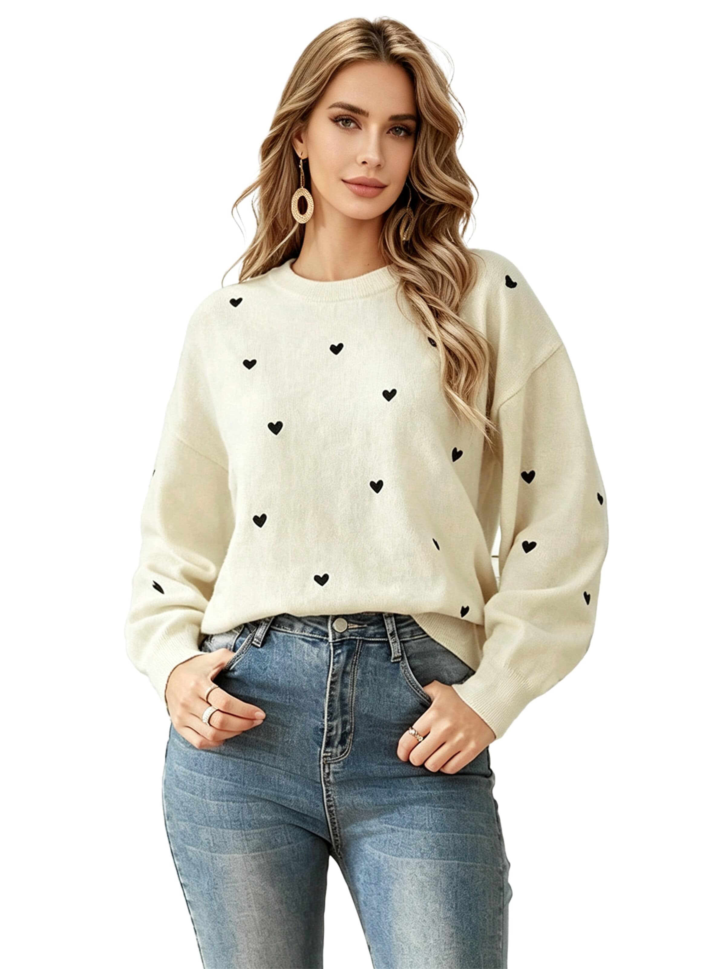 KoJooin Sweter 'Damen Langarm Strickpullover mit Rundhals und Liebevollem Herz-Motiv Zeitloser Basicsweater' w kolorze biały: przód