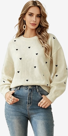 KoJooin Sweter 'Damen Langarm Strickpullover mit Rundhals und Liebevollem Herz-Motiv Zeitloser Basicsweater' w kolorze biały: przód