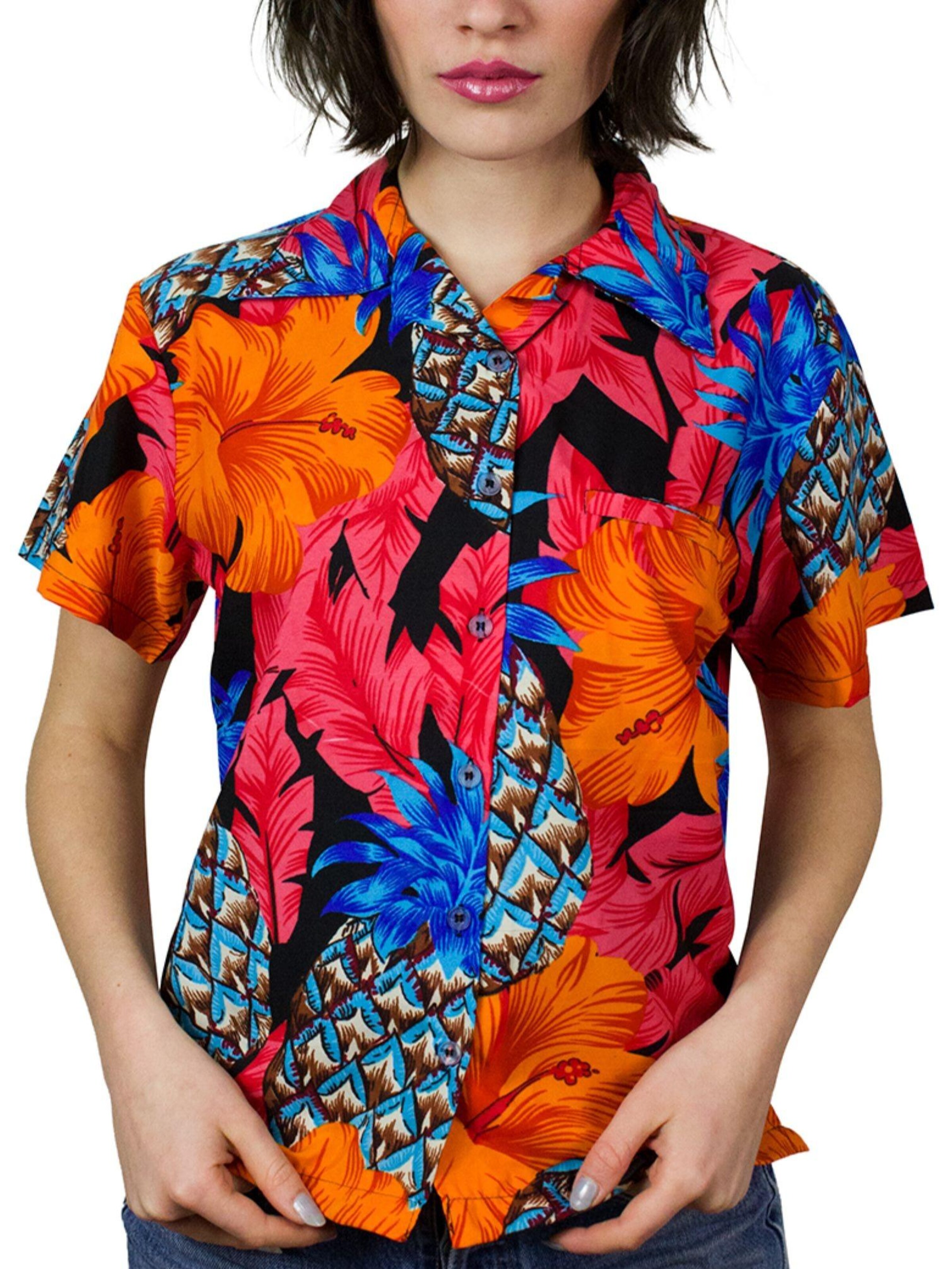 King Kameha Blouse 'Pineapple Hibiscus Black Line' in Red: front