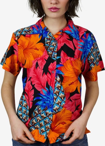 King Kameha Bluse 'Pineapple Hibiscus Black Line' in Rot: Vorderseite