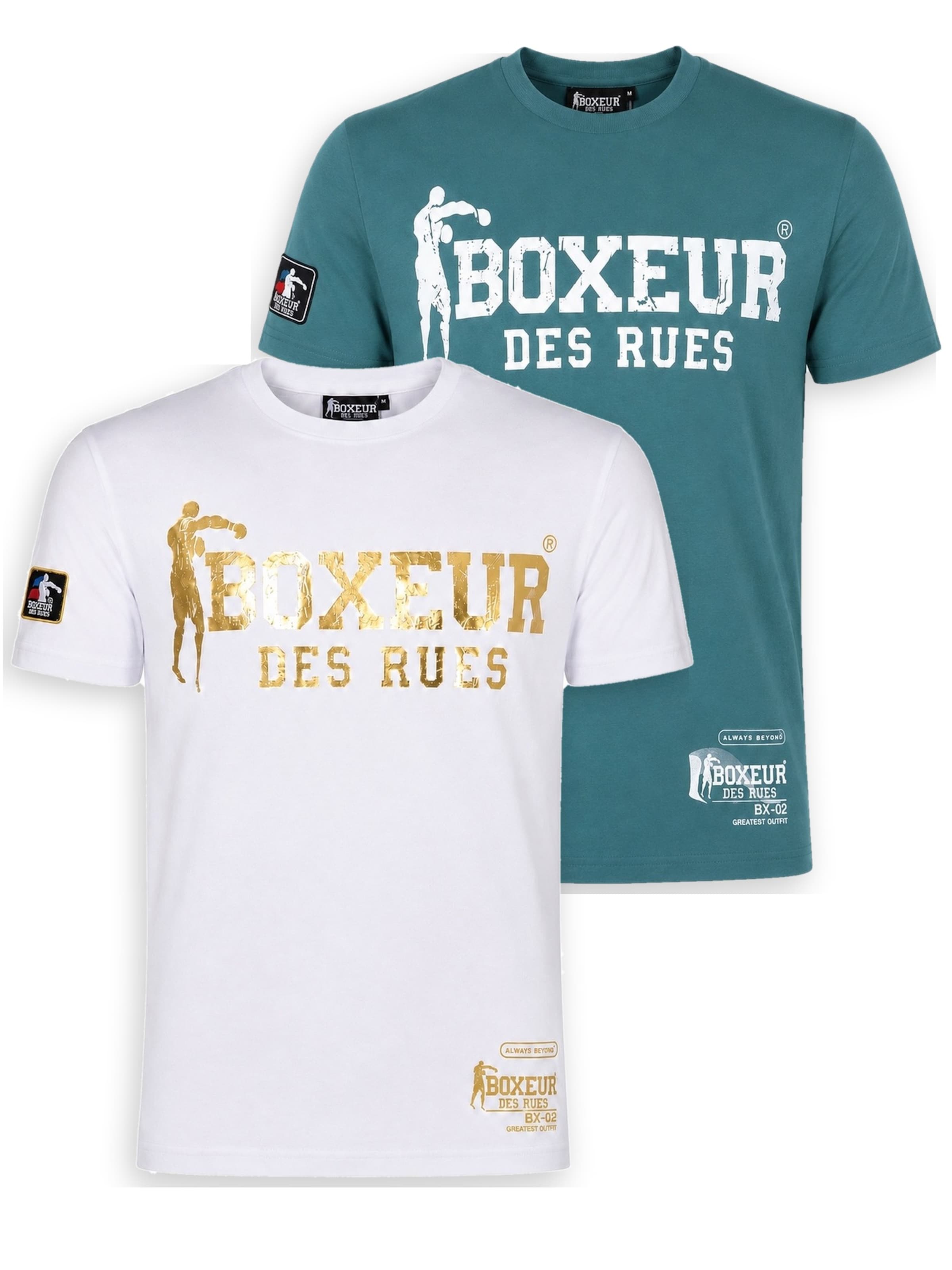 Boxeur des Rues - Camiseta 'Herren T-Shirt 2er-Pack Boxeur des Rues Slim Fit: Weiß, Goldenes Logo + Ozeanblau, Weißes Logo' en Mezcla de colores: frente