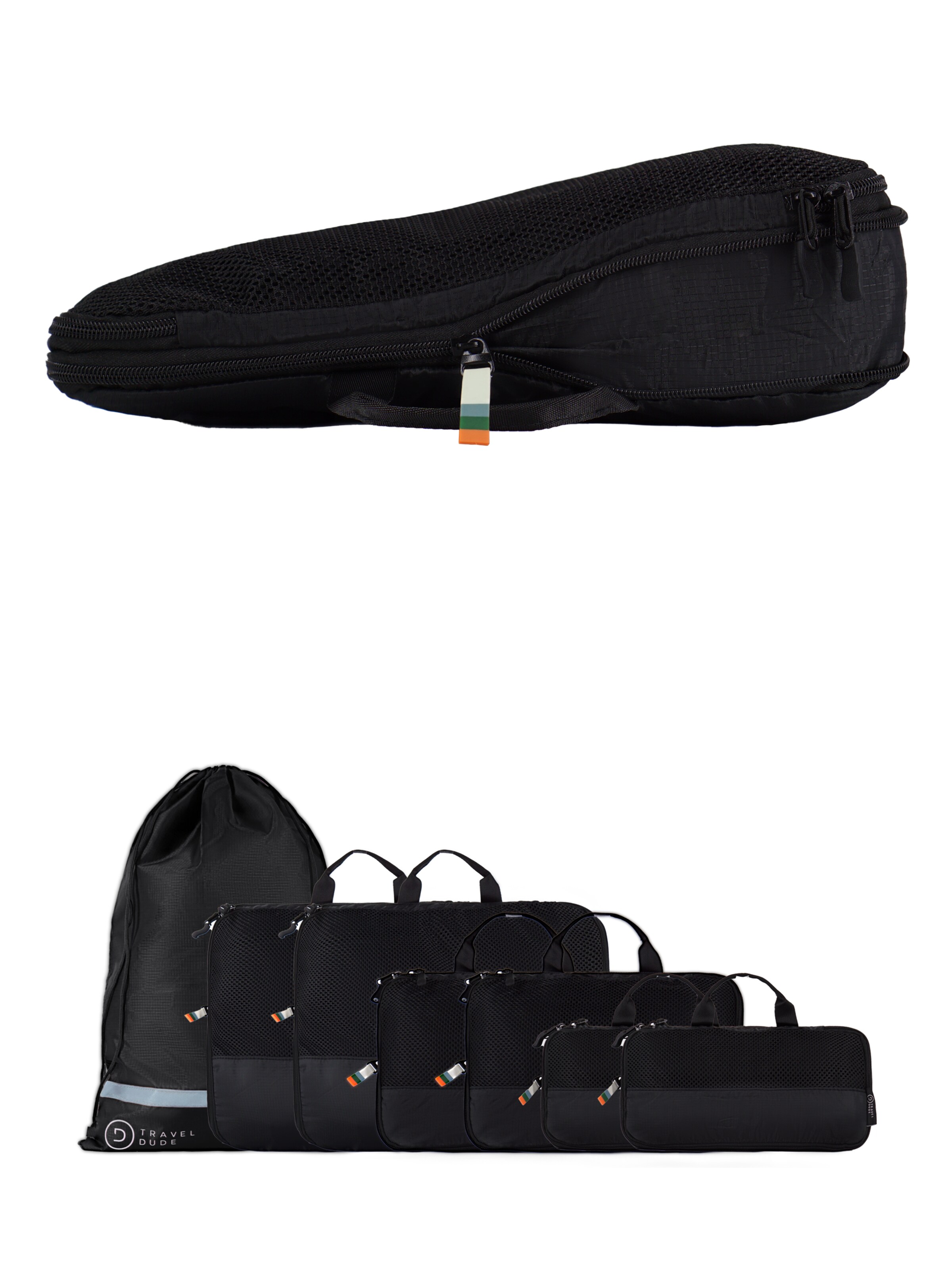 TRAVEL DUDE Travel Bag 'Packing Cubes Set 7 Teilig mit Kompression, Packwürfel, Packtaschen Set für Rucksack & Koffer' in Black: front