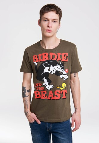 LOGOSHIRT Shirt 'Looney Tunes – Sylvester & Tweety' in Groen: voorkant