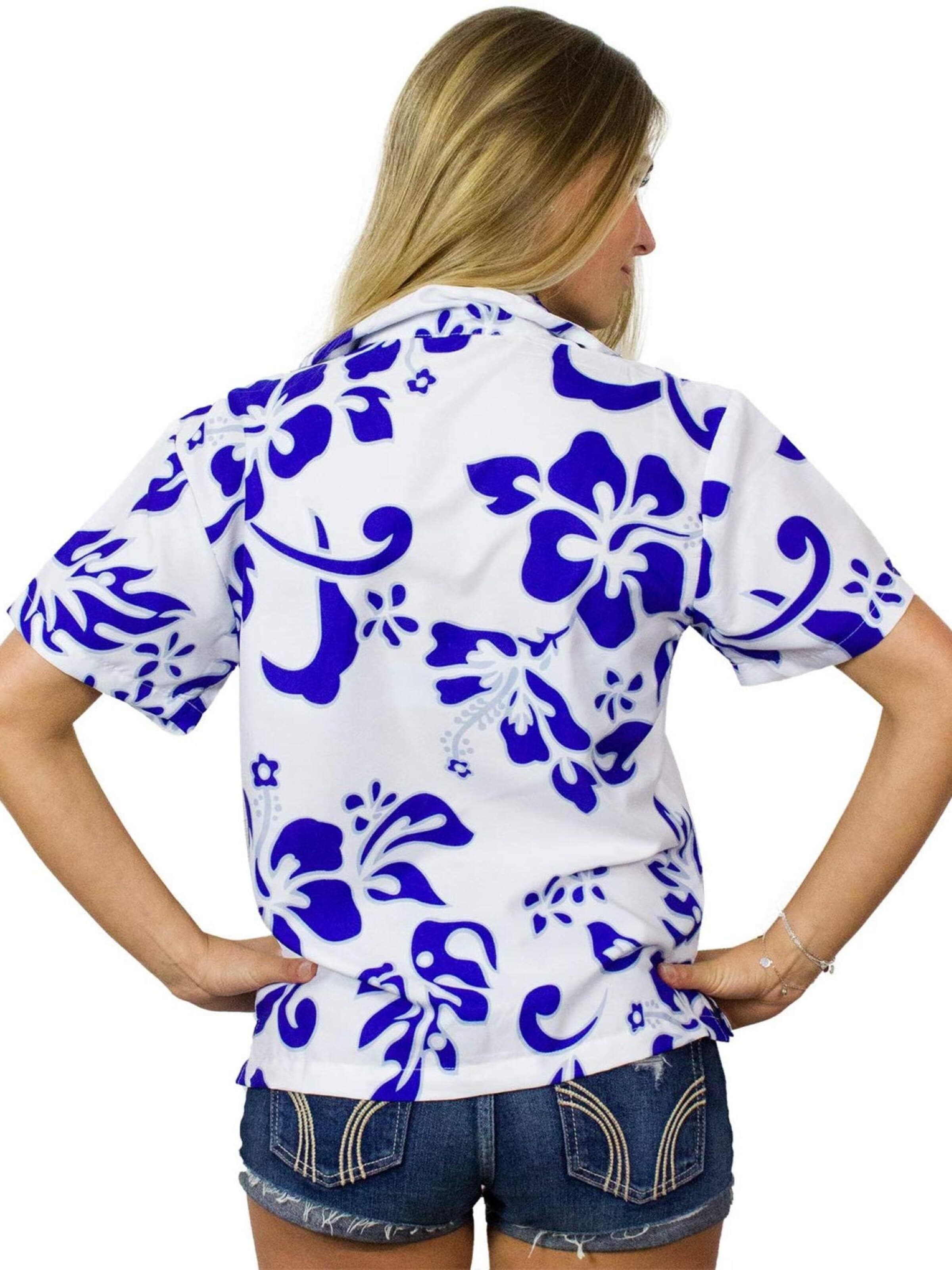 Camicia da donna 'Hibiscus White Line' di King Kameha in blu