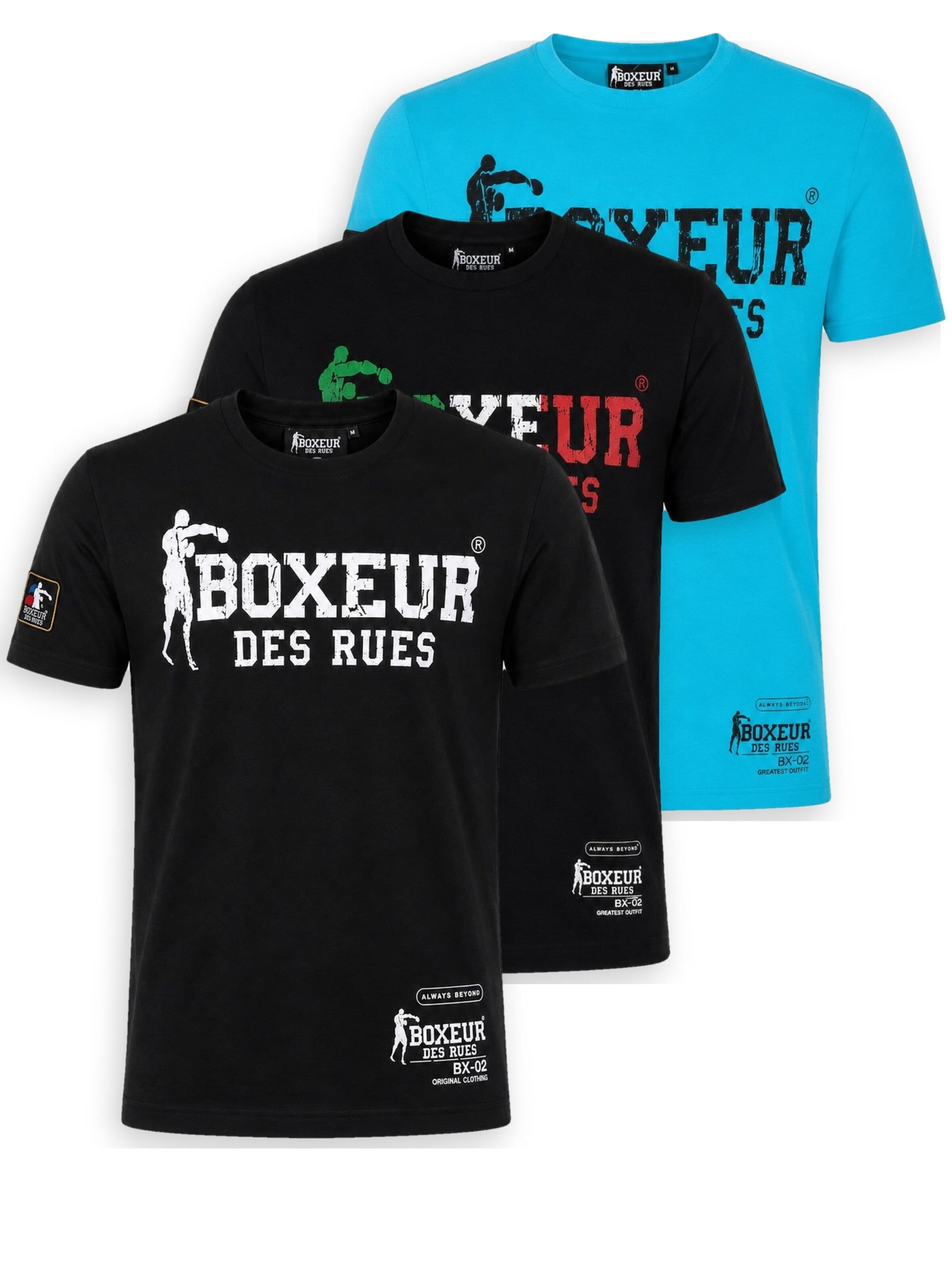 Boxeur des Rues Shirt 'Herren T-Shirt 3er-Pack Boxeur des Rues Slim Fit: Schwarz, Weißes Logo + Schwarz, Dreifarbiges Logo + Türkis'‌‌‌‌‌‌‌‌‌‌ in M/Regular in mischfarben, Produktansicht