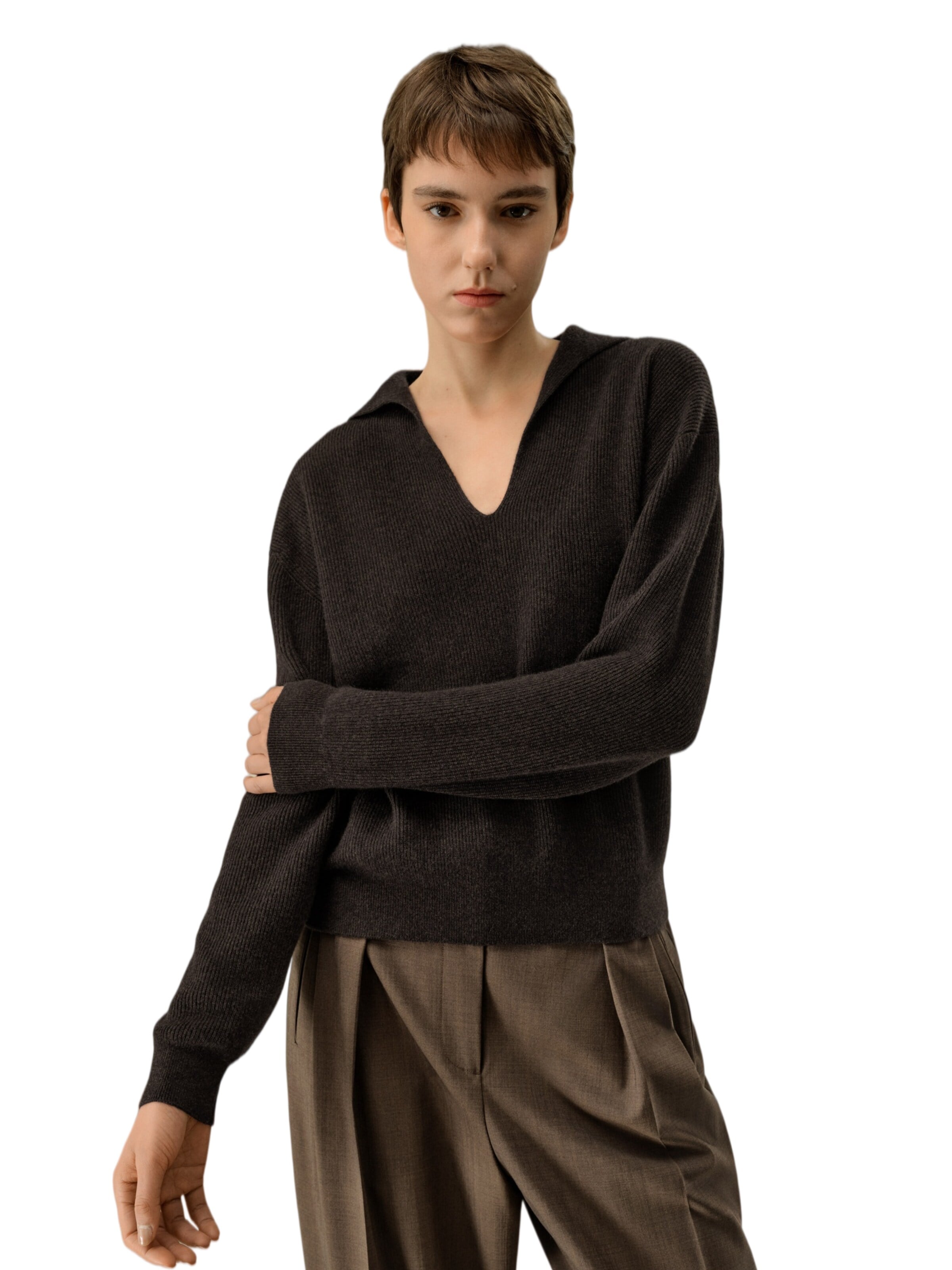 Lilysilk Pullover 'Gerippter Kaschmir Polo Pullover'‌ in Braun