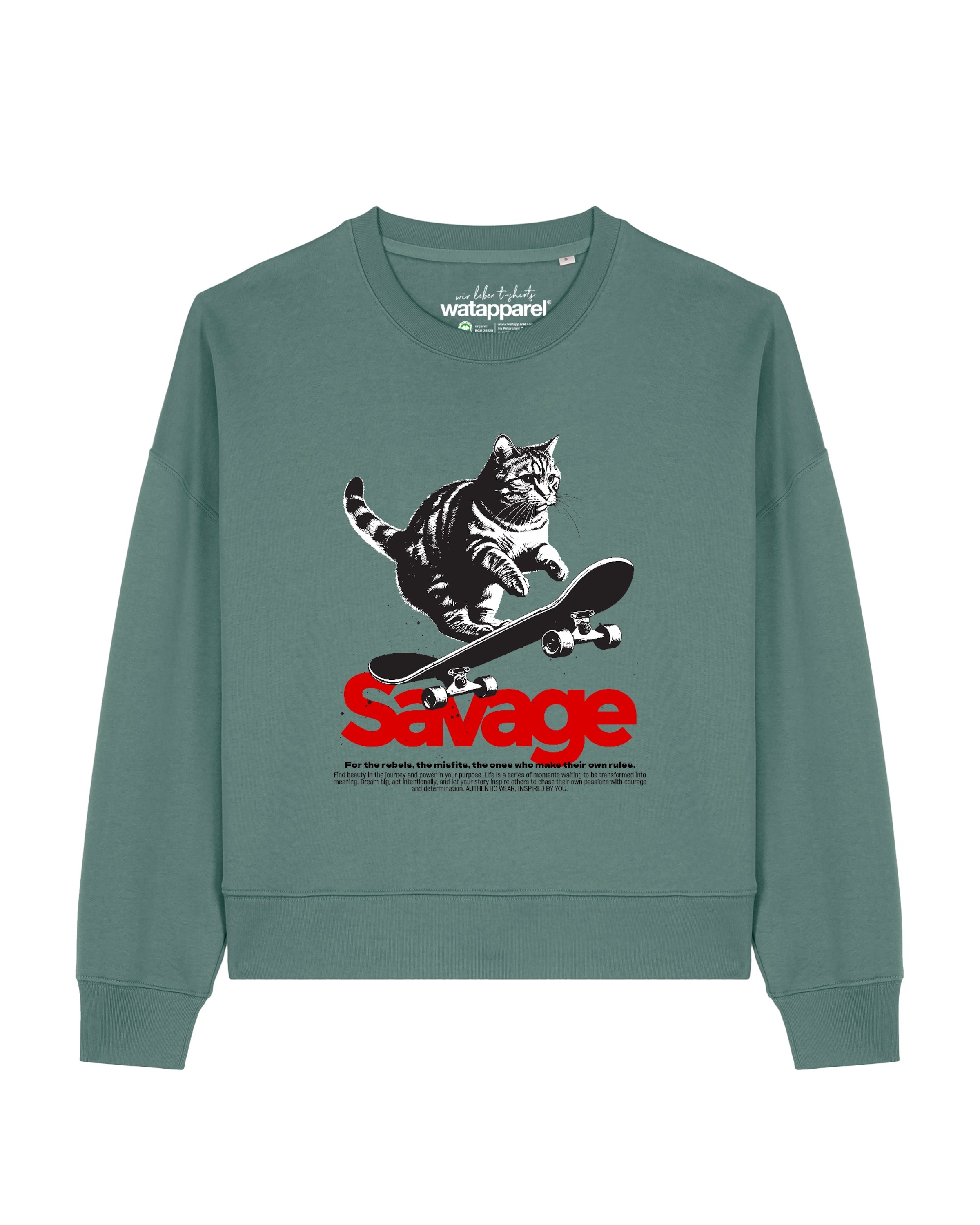 Watapparel Sweatshirt 'Savage Cat ' in Groen: voorkant