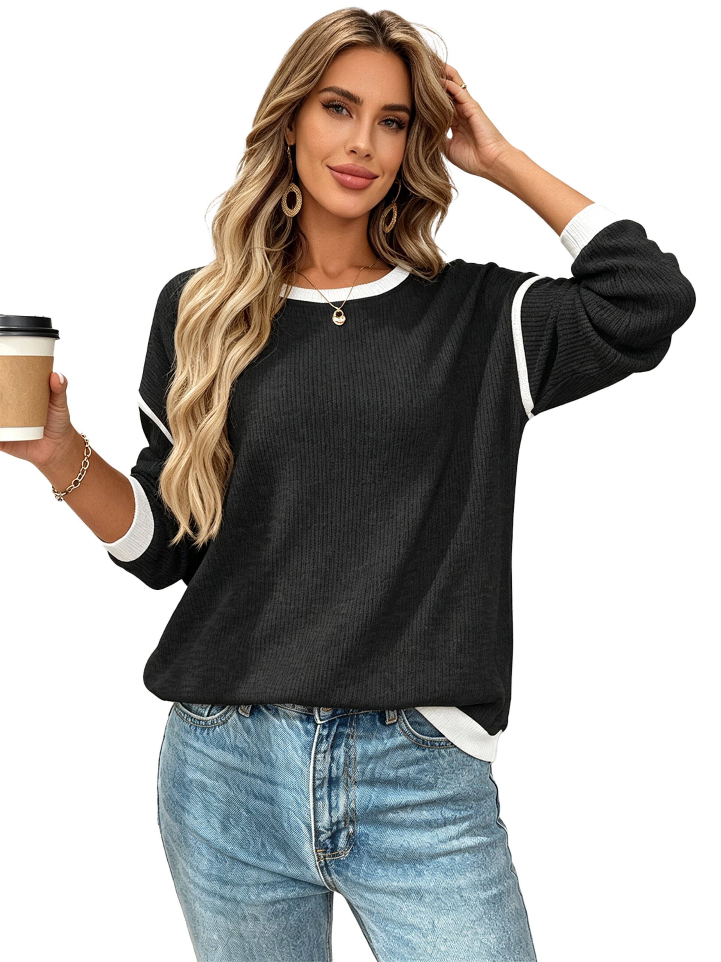 KoJooin Sweater 'Damen Rundhals Pullover mit Farbblock-Design Lässig Geschnittenes Langarmshirt für Alltag' in Black