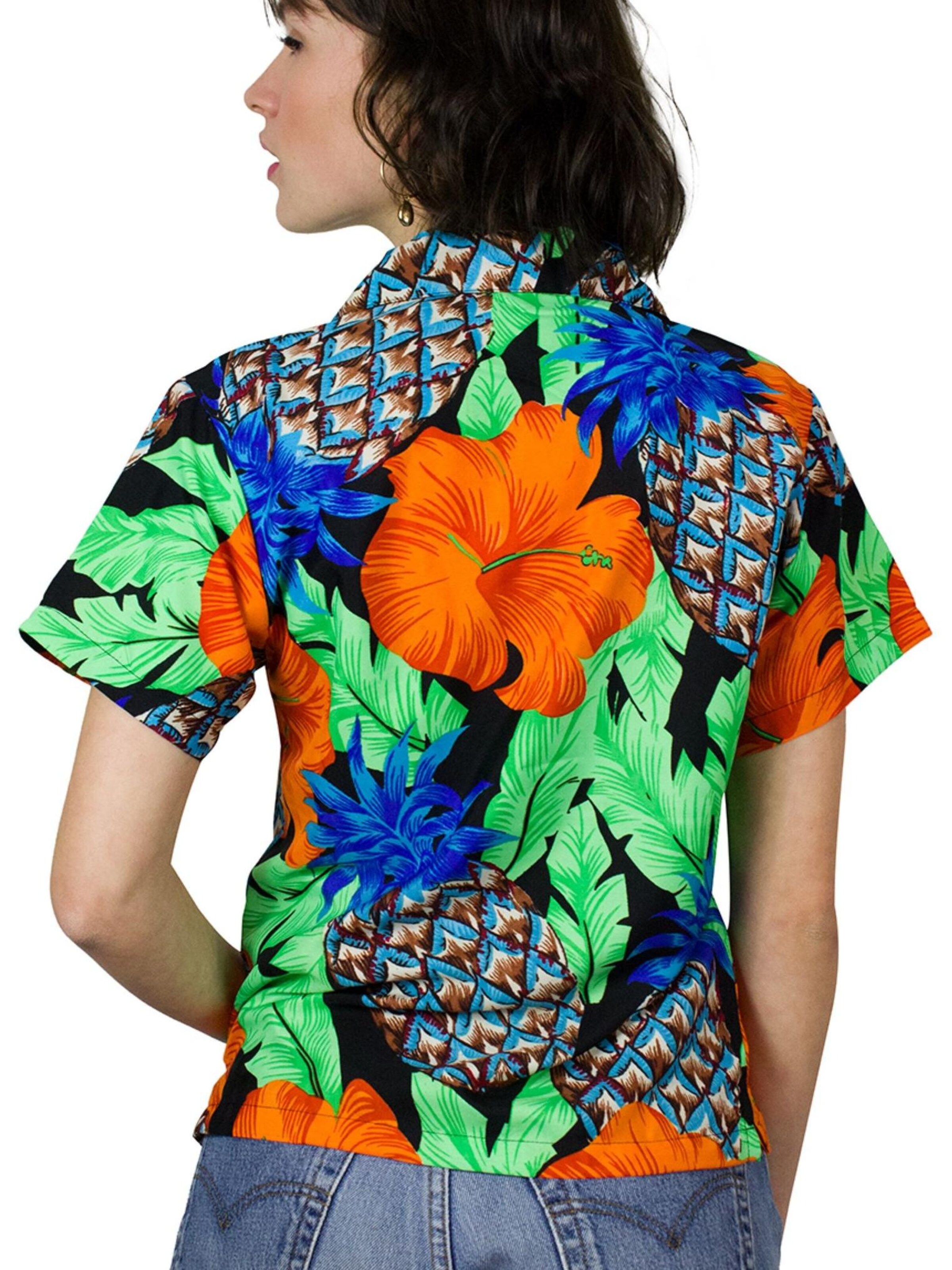 King Kameha Bluse 'Pineapple Hibiscus Black Line'‌‌‌‌ in Grün