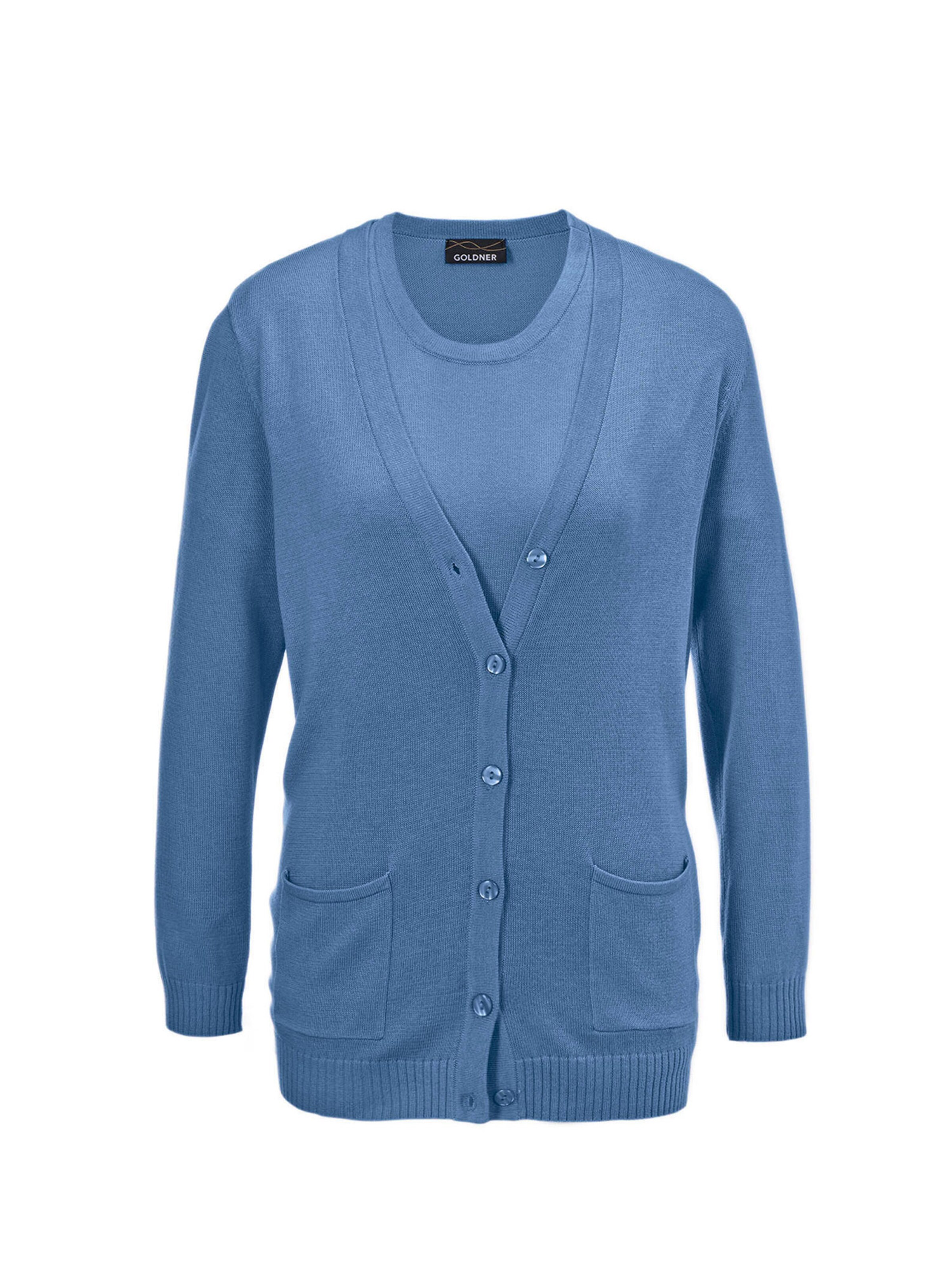 Goldner Strickjacke in Blau: Vorderseite