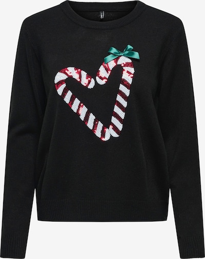ONLY Pullover 'ONLXMAS SHINE' in dunkelgrün / feuerrot / schwarz / weiß, Produktansicht