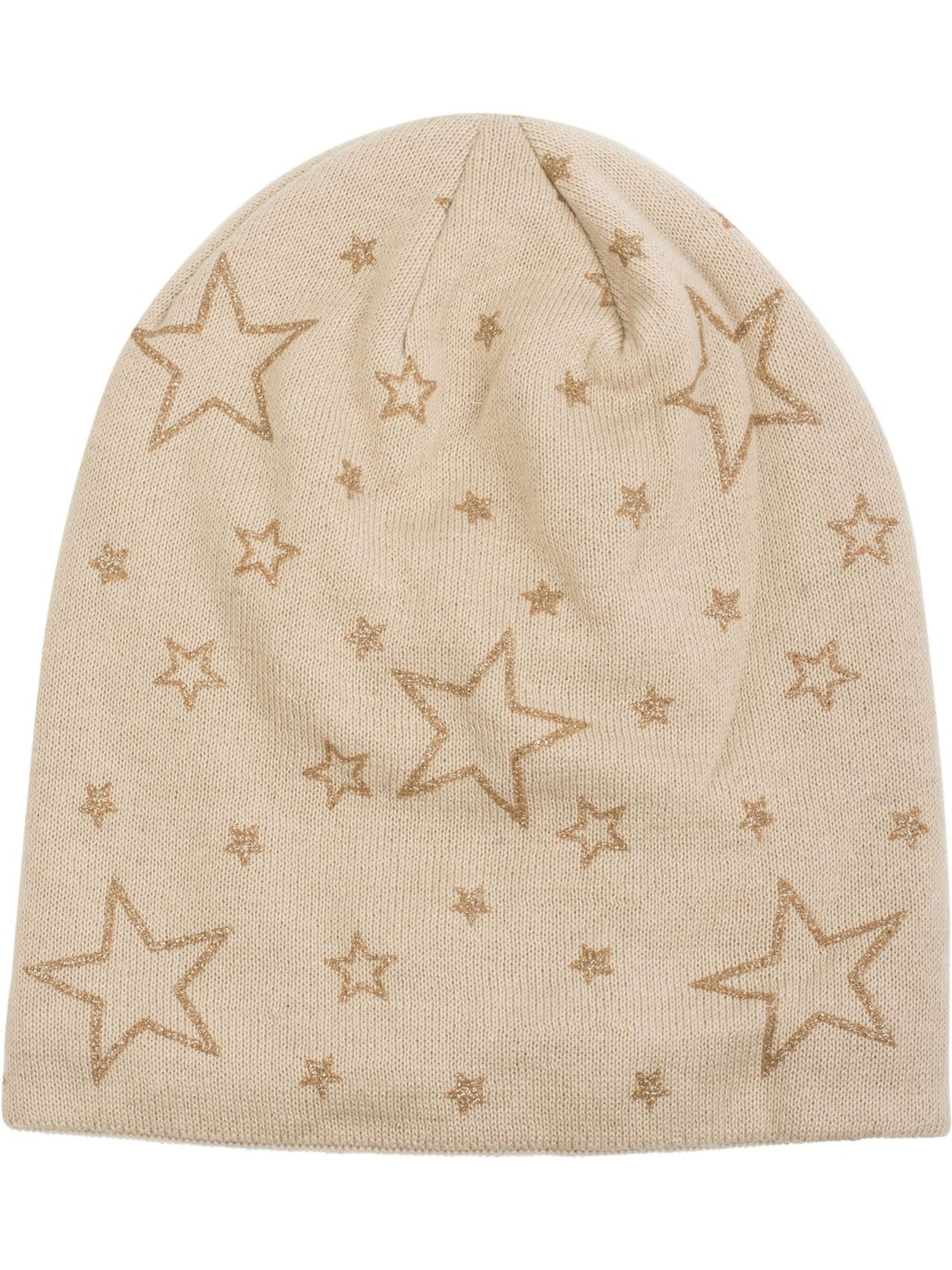 styleBREAKER Mütze 'Feinstrick Beanie mit Glitzer Stern Print'‌‌‌‌‌‌‌‌‌‌ in Beige