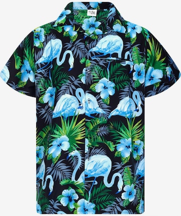 King Kameha Shirt 'Flamingo Flowers' in Blau: Vorderseite