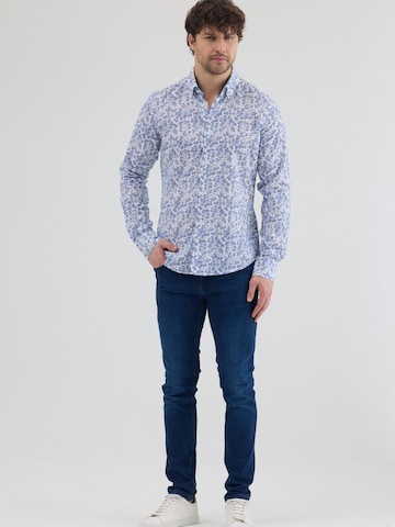 7Camicie Slim fit Zakelijk overhemd 'Leonardo Sport Linen Man Shirt White Blue' in Wit