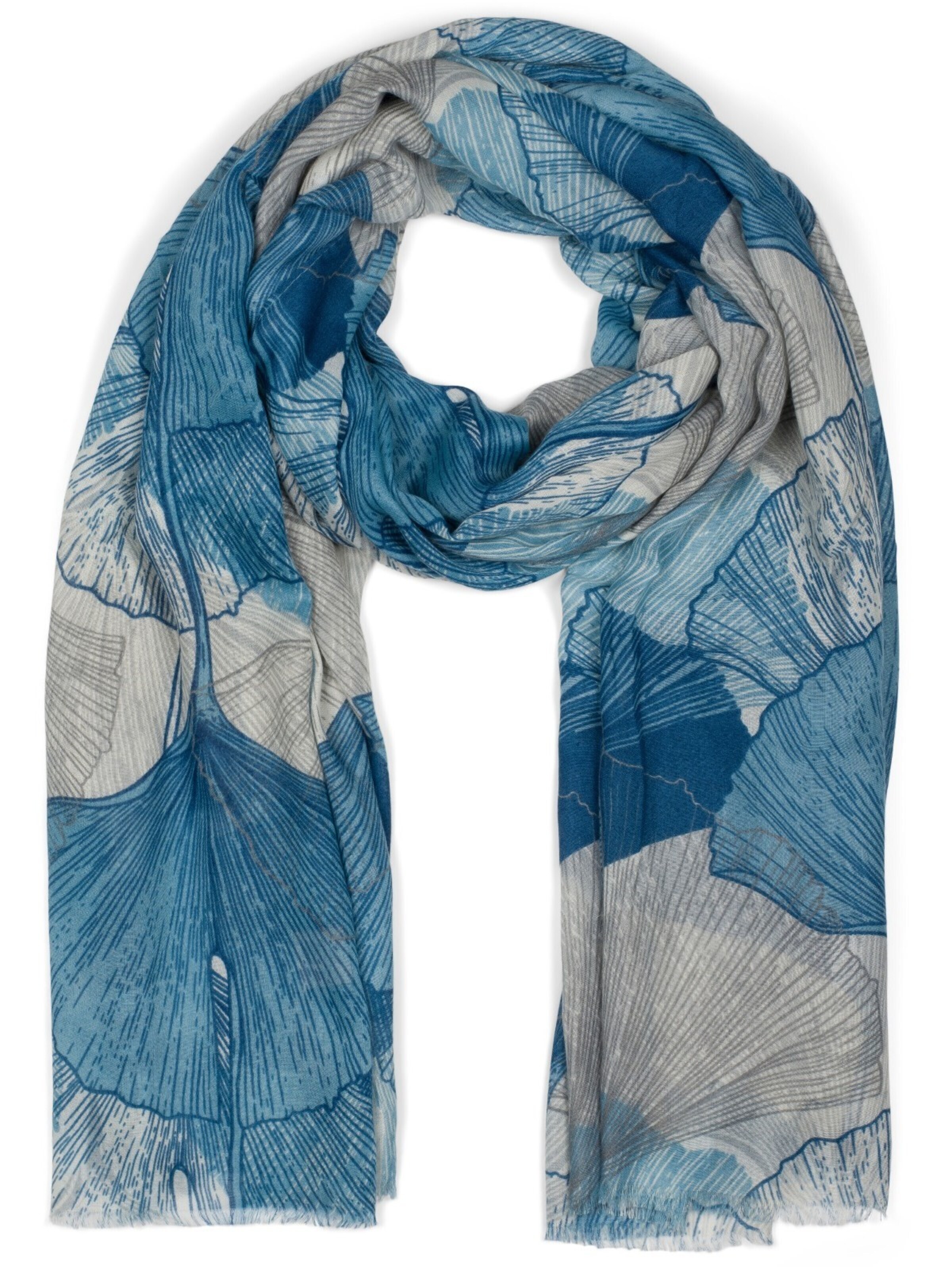 styleBREAKER Schal 'Langer Schal Ginkgo Leaves'‌‌‌‌‌‌‌‌‌‌ in Blau: Vorderseite