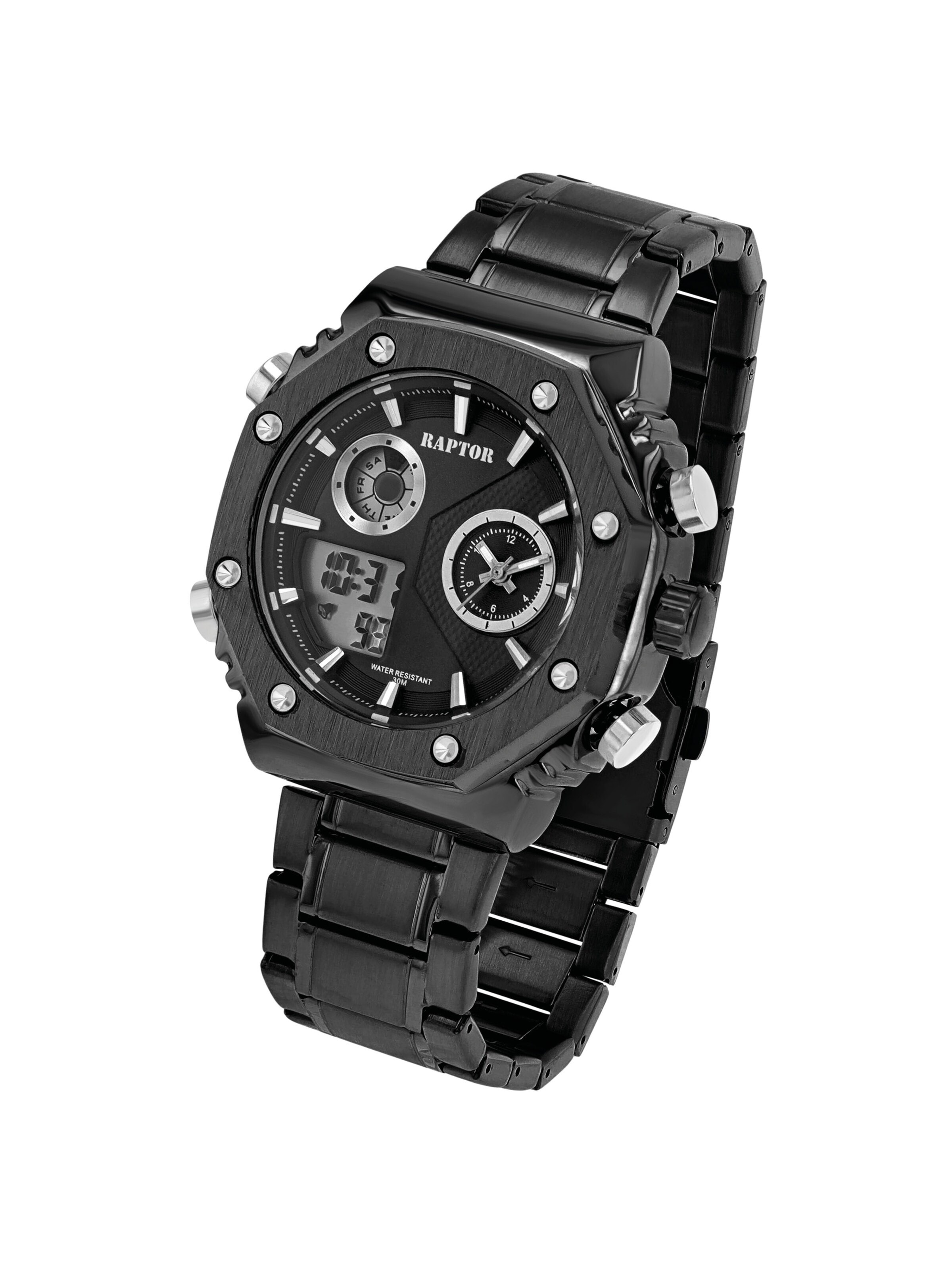 Raptor Analoguhr 'mit Dual-Time und Edelstahlarmband'‌‌‌‌ in Schwarz: Vorderseite