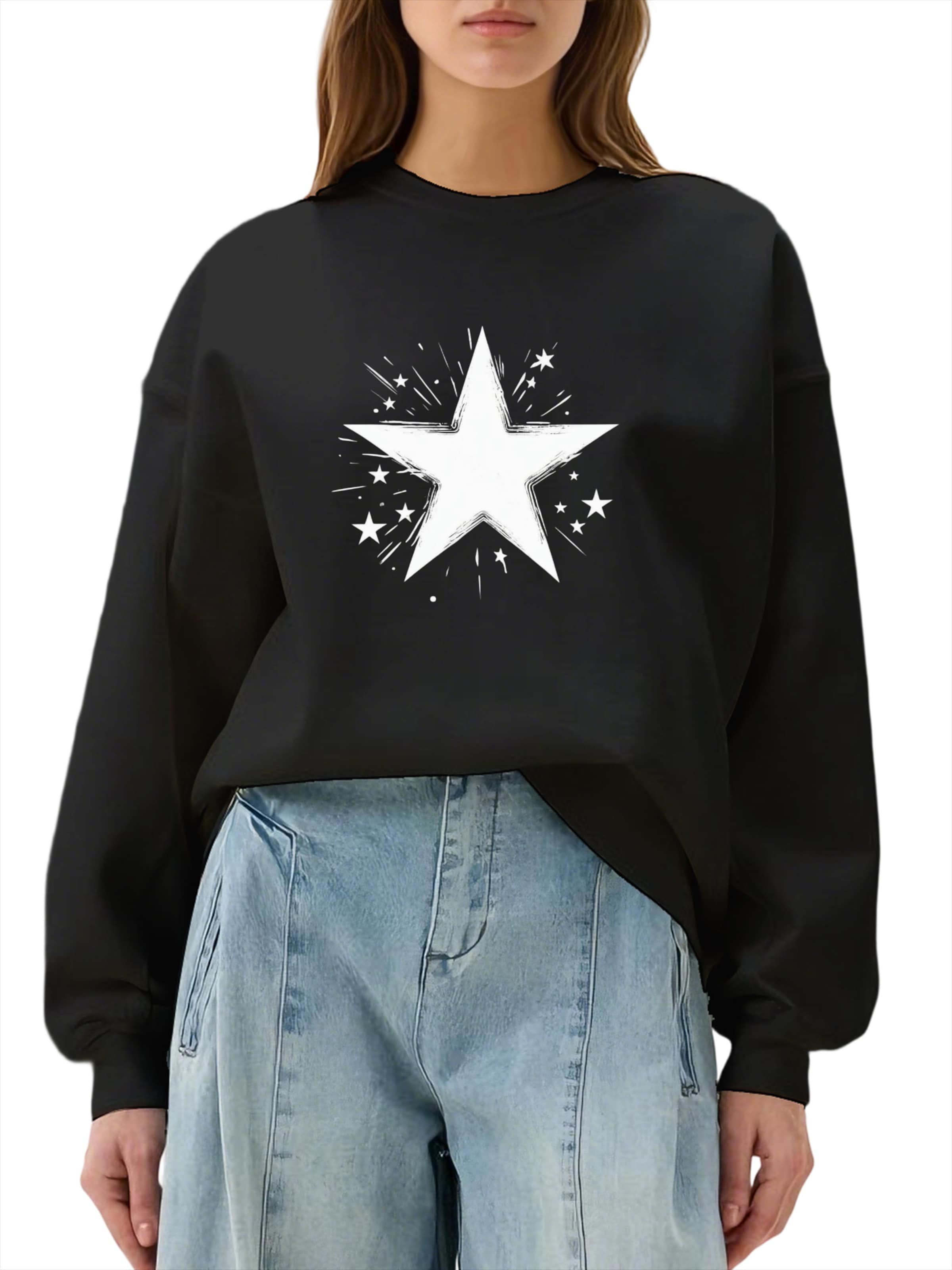 Felpa 'Women's Pullover with Star Print, Loose Fleece Pullover for Autumn/Winter' di GORHEY in nero: frontale