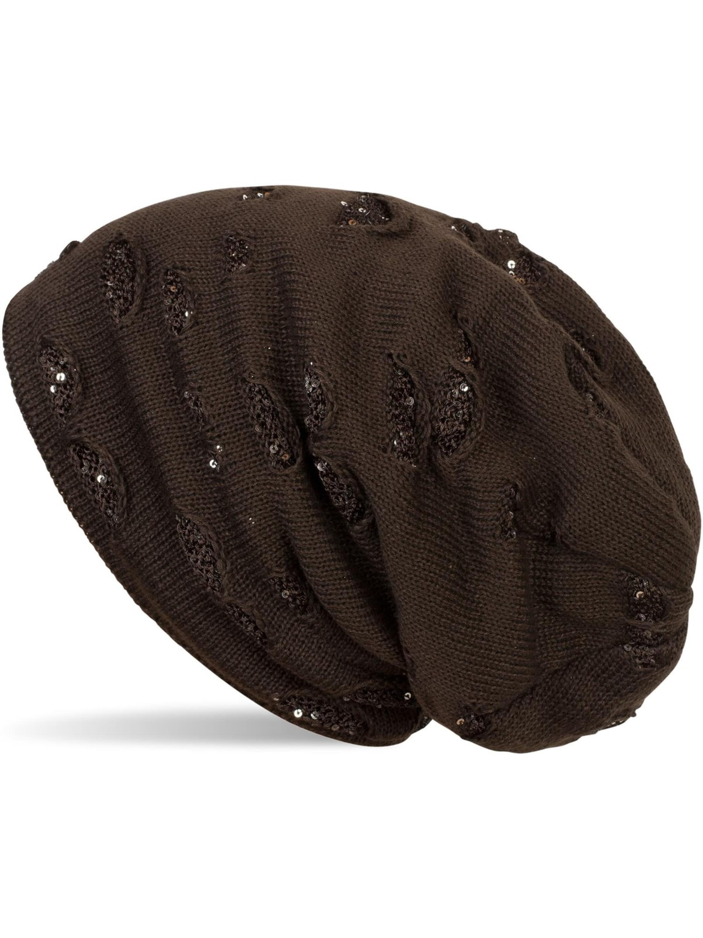 styleBREAKER Mütze 'Feinstrick Beanie mit Pailletten im Destroyed Look'‌‌‌‌‌‌‌‌‌ in Braun: Vorderseite