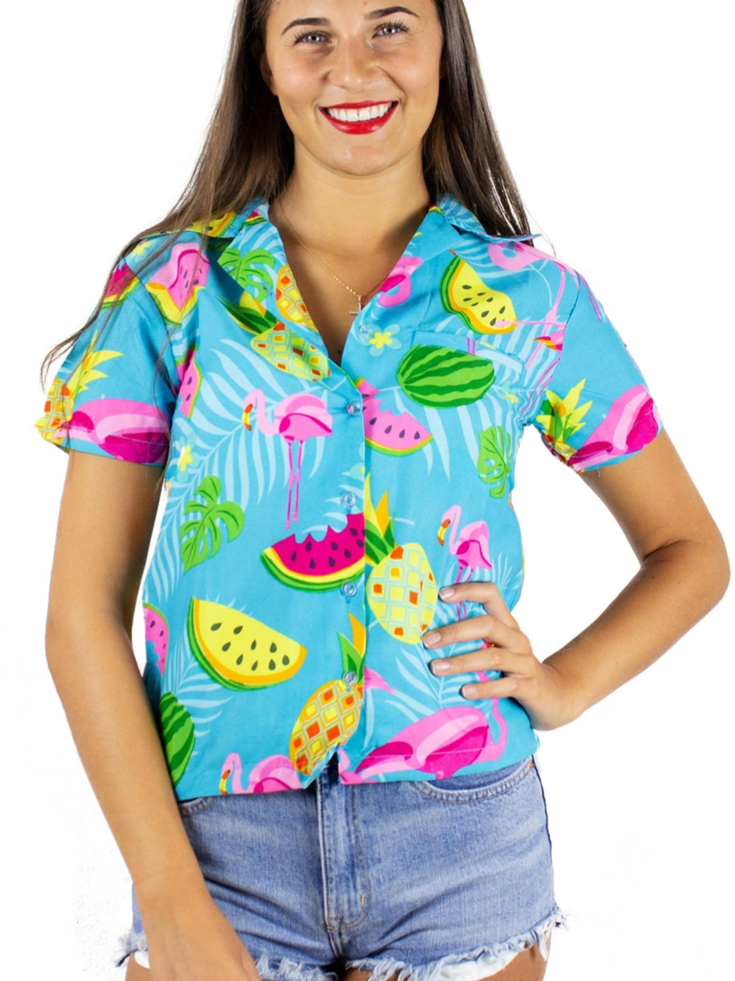 King Kameha Bluse 'Flamingo Melone'‌ in Blau: Vorderseite