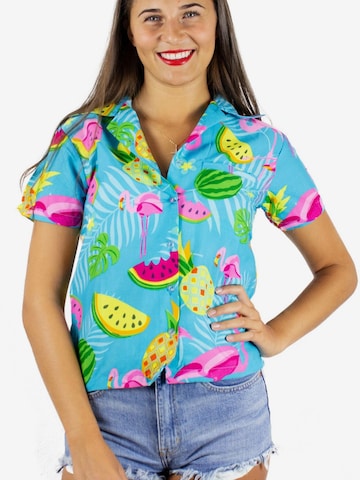 King Kameha Bluse 'Flamingo Melone' in Blau: Vorderseite