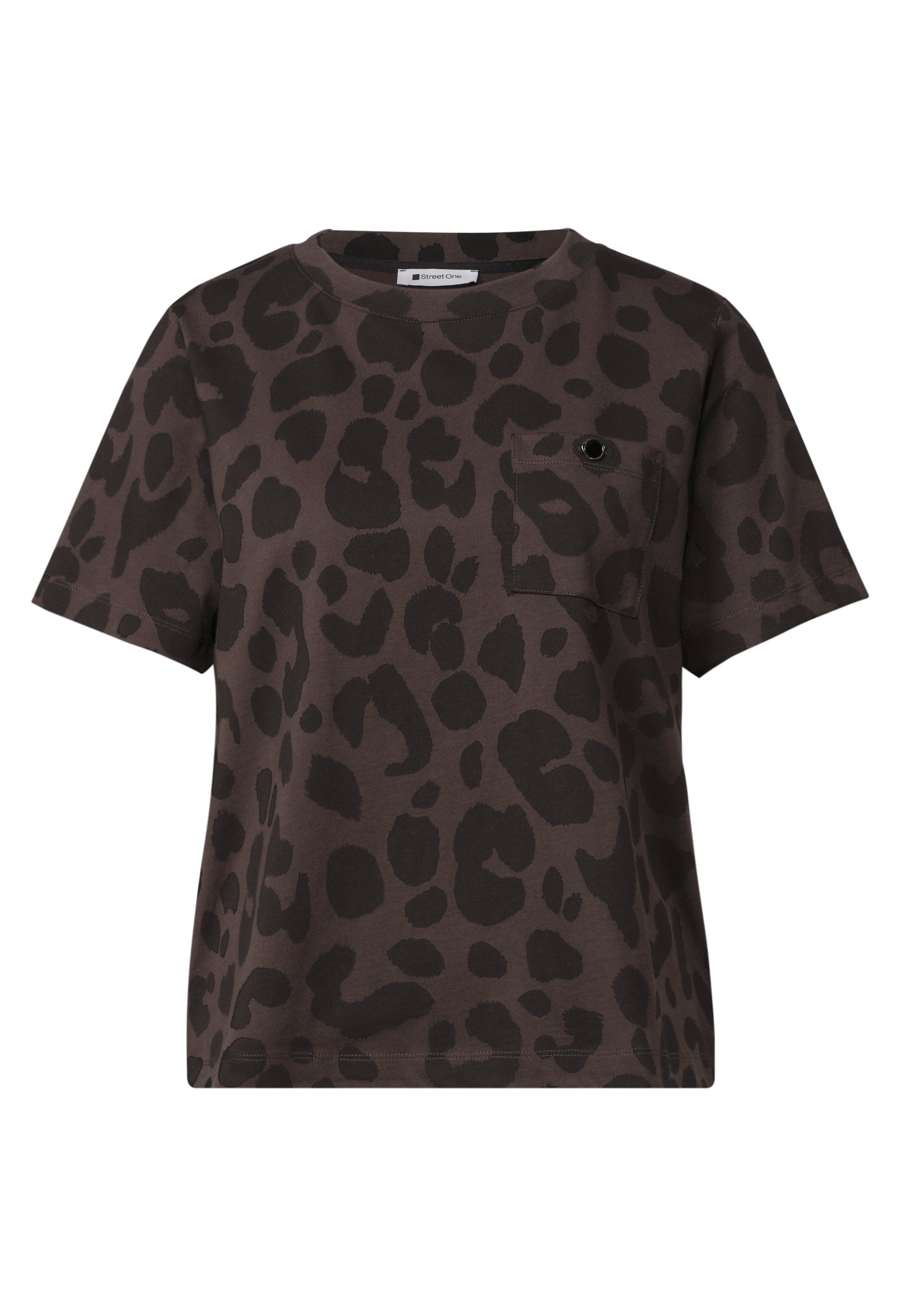 STREET ONE T-Shirt mit Rundhals und Brusttasche im Leo-Look in Braun: Vorderseite